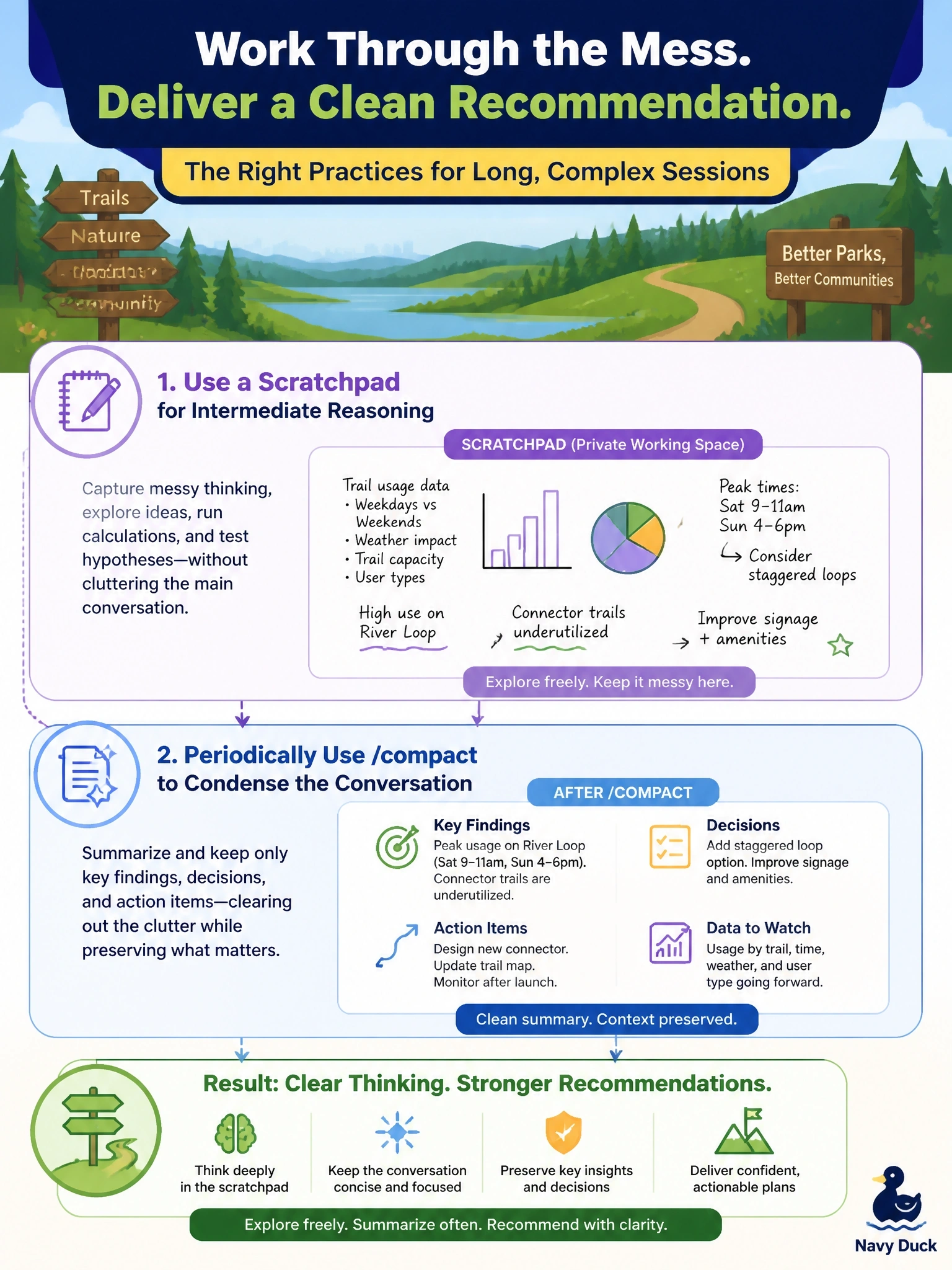 To Create an exciting colorful infographic that explains the concepts in the question: Question: A parks master-plan agent needs to work through messy intermediate reasoning about trail-usage data before producing a clean final recommendation, and the session is starting to run long. Which combination of practices helps? Correct Answer: Use a scratchpad for intermediate reasoning and periodically use /compact to condense the conversation while preserving key findings Put EVERY visible label in double quotes. No people. No A/B/C/D letters. In one of the four corners put a little "Navy Duck".
