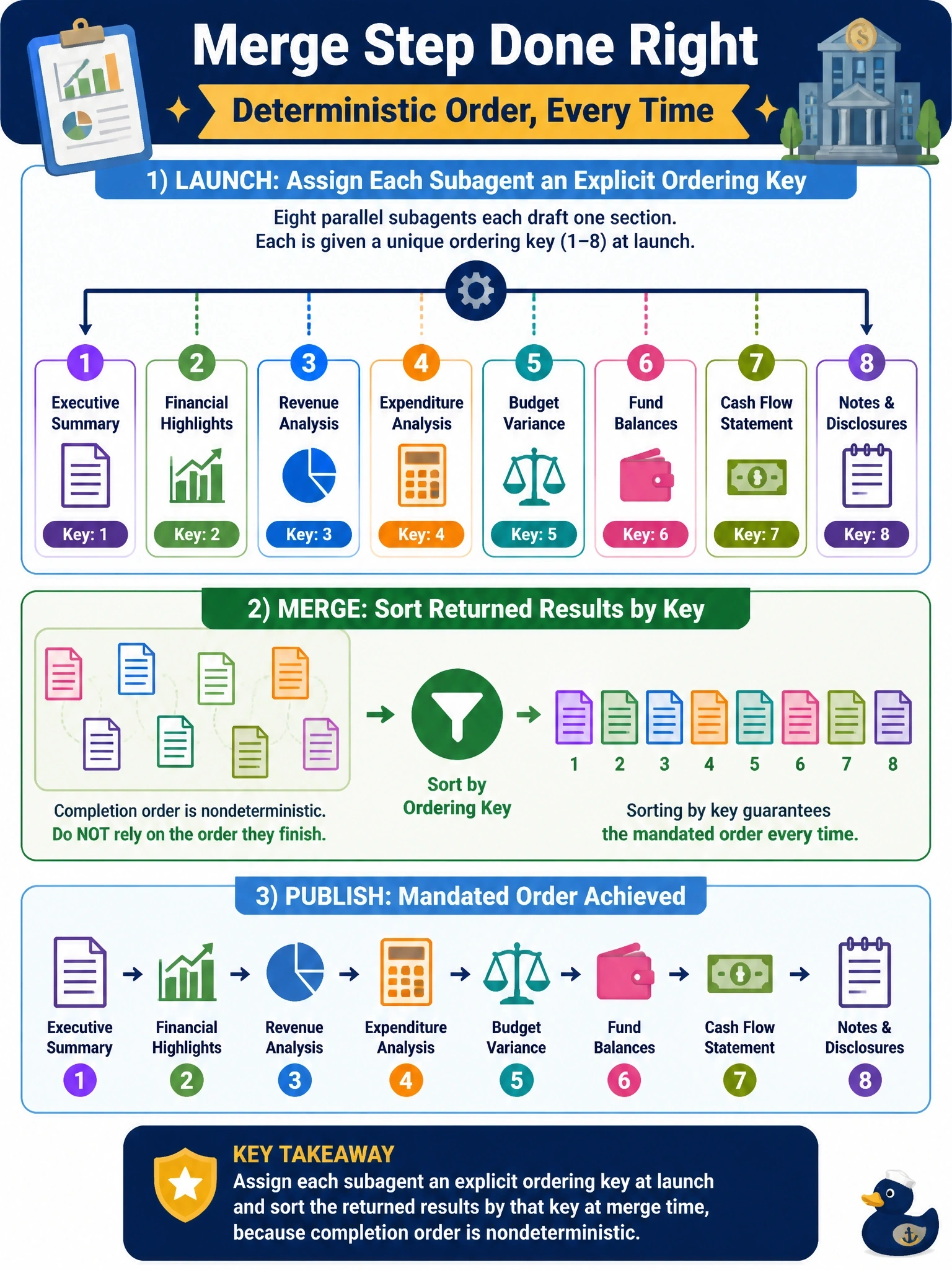 To Create an exciting colorful infographic that explains the concepts in the question: Question: A city treasury office launches eight parallel subagents, each drafting one section of a quarterly financial report. The published report must present the sections in a fixed, mandated order. What must the merge step do? Correct Answer: Assign each subagent an explicit ordering key at launch and sort the returned results by that key at merge time, because completion order is nondeterministic. Put EVERY visible label in double quotes. No people. No A/B/C/D letters. In one of the four corners put a little "Navy Duck".