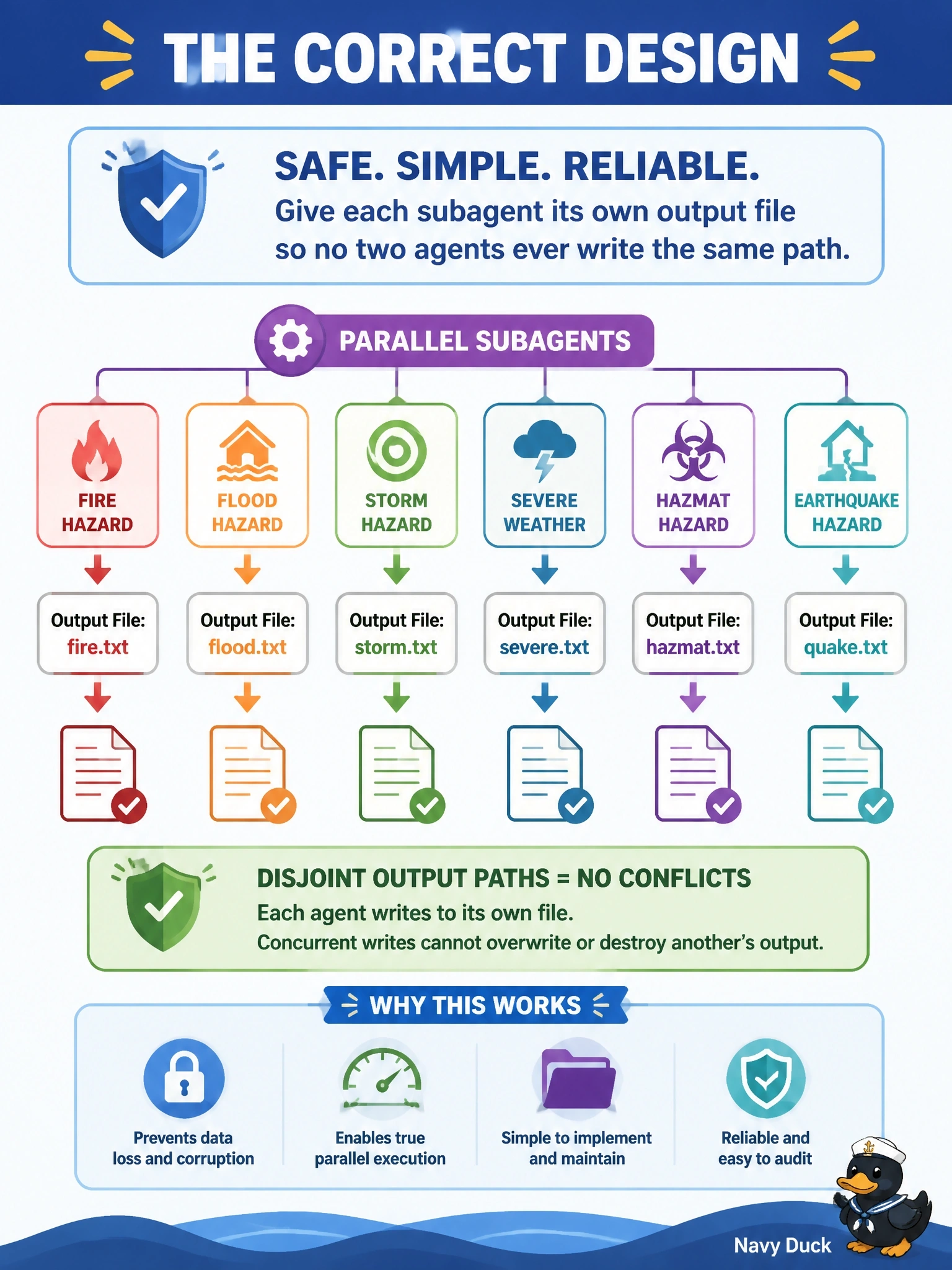 To Create an exciting colorful infographic that explains the concepts in the question: Question: An emergency-management office runs six parallel subagents, each producing a written assessment for one hazard category. The team must ensure that concurrent writes cannot destroy one another's output. What is the correct design? Correct Answer: Assign each subagent a disjoint output file, named in its launch prompt, so no two agents ever write the same path. Put EVERY visible label in double quotes. No people. No A/B/C/D letters. In one of the four corners put a little "Navy Duck".
