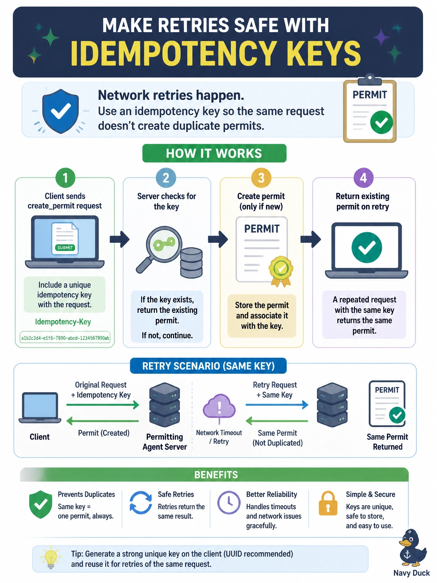 To Create an exciting colorful infographic that explains the concepts in the question: Question: A permitting agent's createpermit tool occasionally gets called twice for the same request after a network retry, and each call currently creates a brand-new permit record, producing duplicates. How should the tool be designed to make retries safe? Correct Answer: Require an idempotency key in the request so a repeated call with the same key returns the existing record instead of creating a duplicate Put EVERY visible label in double quotes. No people. No A/B/C/D letters. In one of the four corners put a little "Navy Duck".