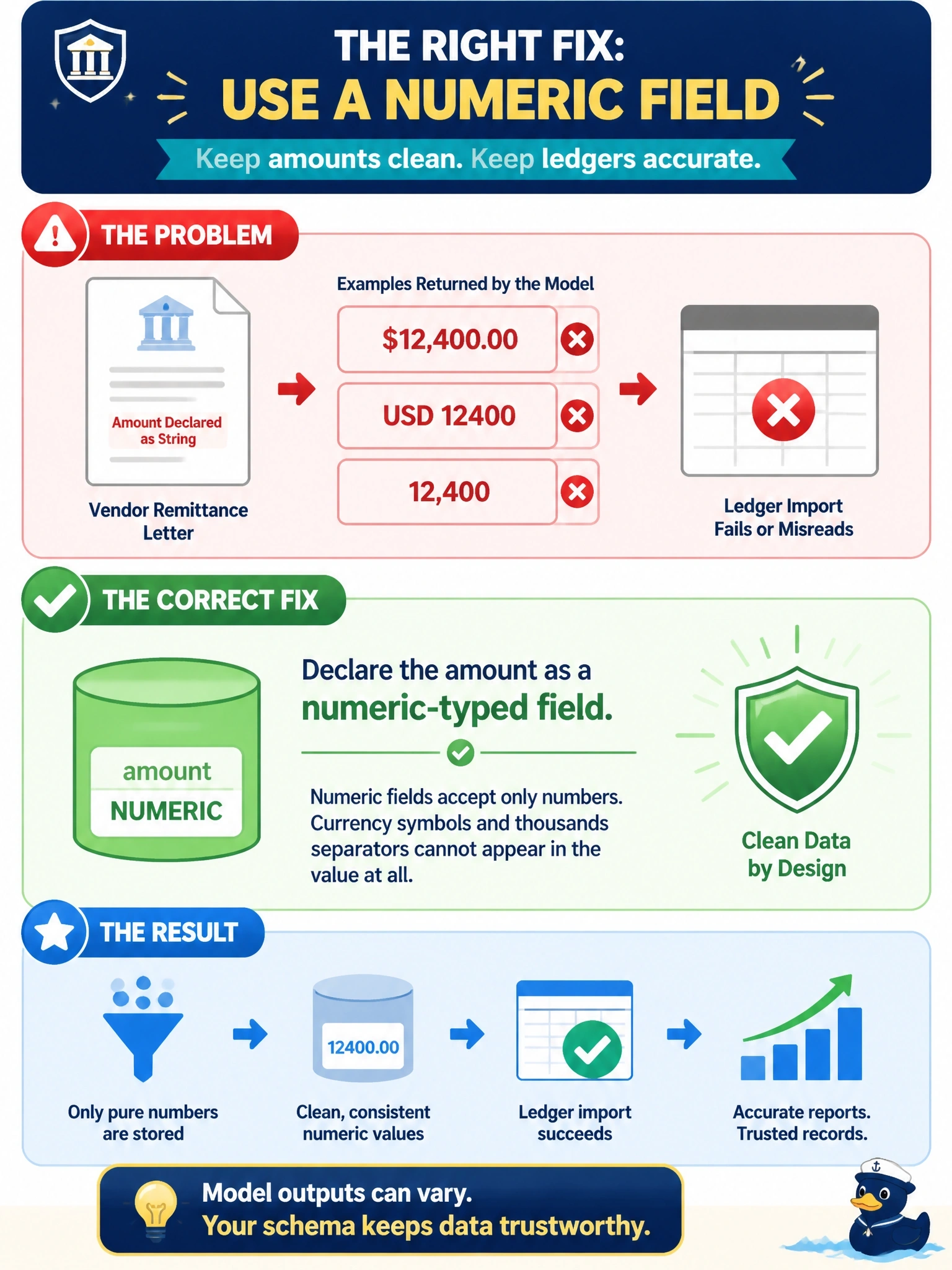 To Create an exciting colorful infographic that explains the concepts in the question: Question: A city treasury office extracts payment amounts from vendor remittance letters into a structured record. With the amount declared as a string, the model returns values such as '$12,400.00', 'USD 12400', and '12,400', and the ledger import fails or misreads them. What is the correct schema-level fix? Correct Answer: Declare the amount as a numeric-typed field so currency symbols and thousands separators cannot appear in the value at all. Put EVERY visible label in double quotes. No people. No A/B/C/D letters. In one of the four corners put a little "Navy Duck".