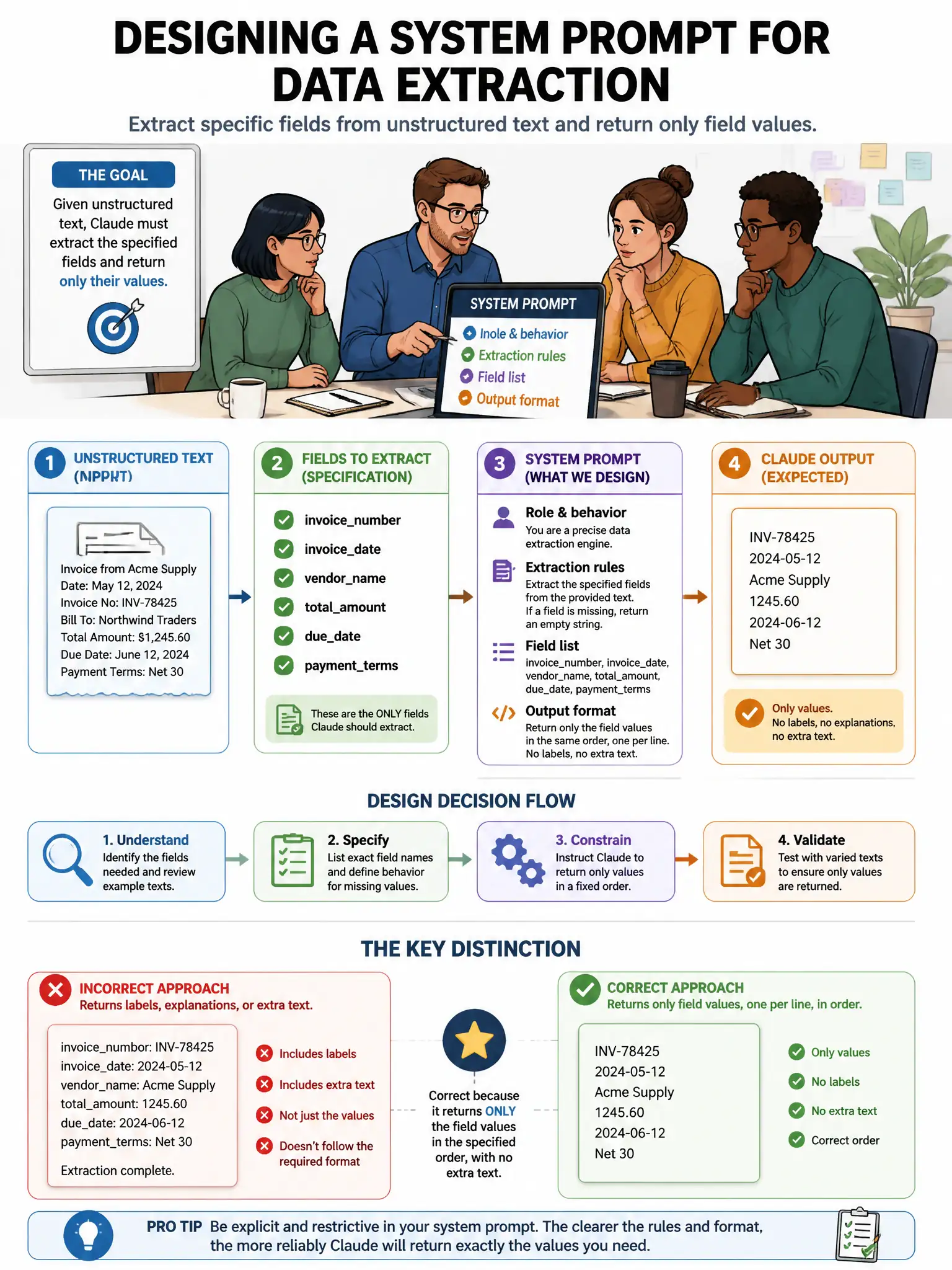 Portrait educational infographic teaching: An architect is designing a system prompt for a data extraction task where Claude must extract specific fields from unstructured text and return only field values. The team observe. Show labeled components, decision flow, and the key distinction that makes the correct answer correct. Clean modern diagram style.