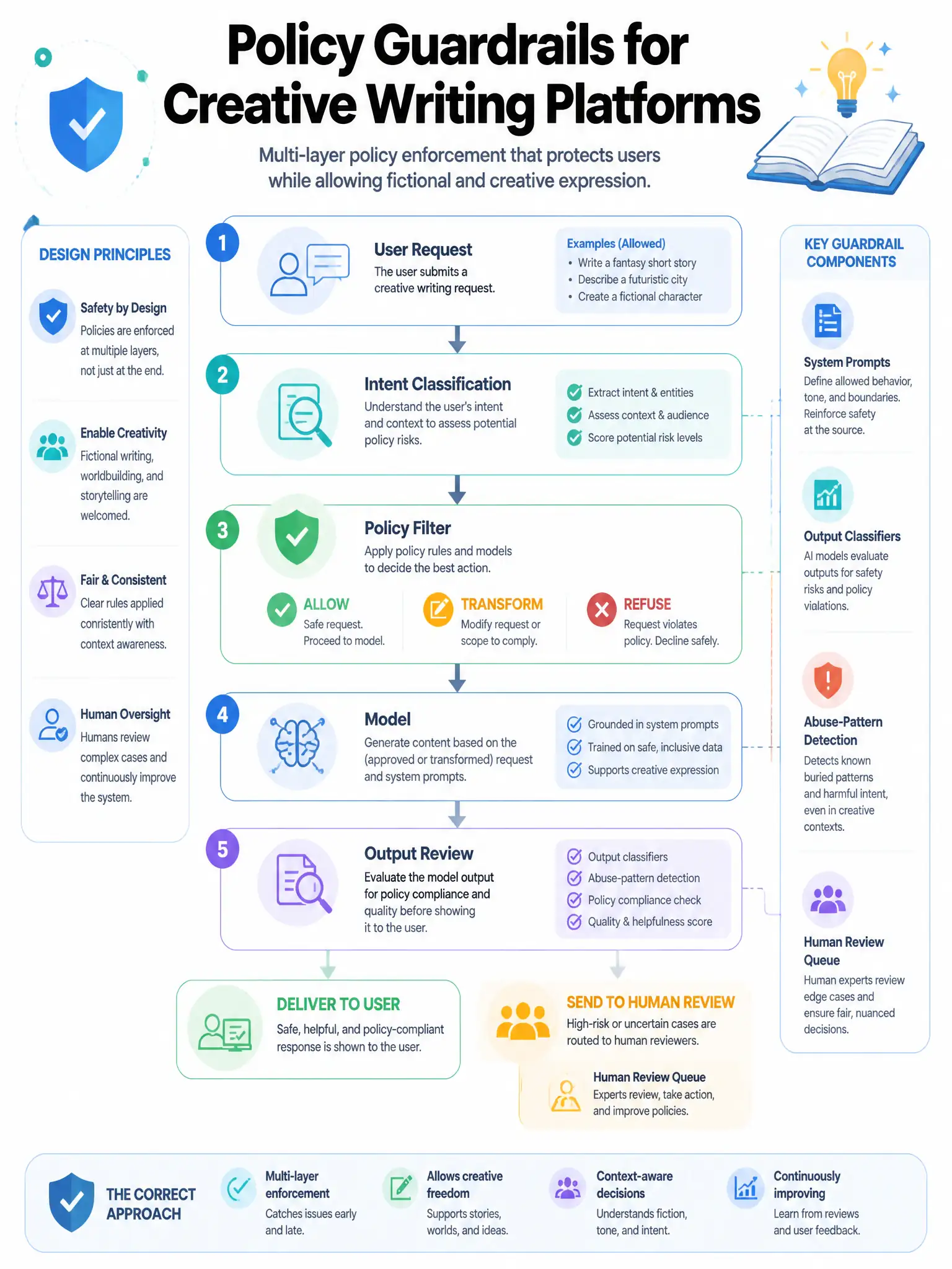 Portrait educational infographic for AI safety architecture. Title: 'Policy Guardrails for Creative Writing Platforms'. Clean modern diagram: User Request → Intent Classification layer → Policy Filter (allow / transform / refuse) → Model → Output Review. Labeled boxes for: system prompts, output classifiers, abuse-pattern detection, human review queue. Highlight correct approach: multi-layer policy enforcement that still allows fictional writing without policy bypass. No illegal content, no weapons, no criminal instructions. Professional blue-and-teal product architecture style, 1536x2048 portrait.