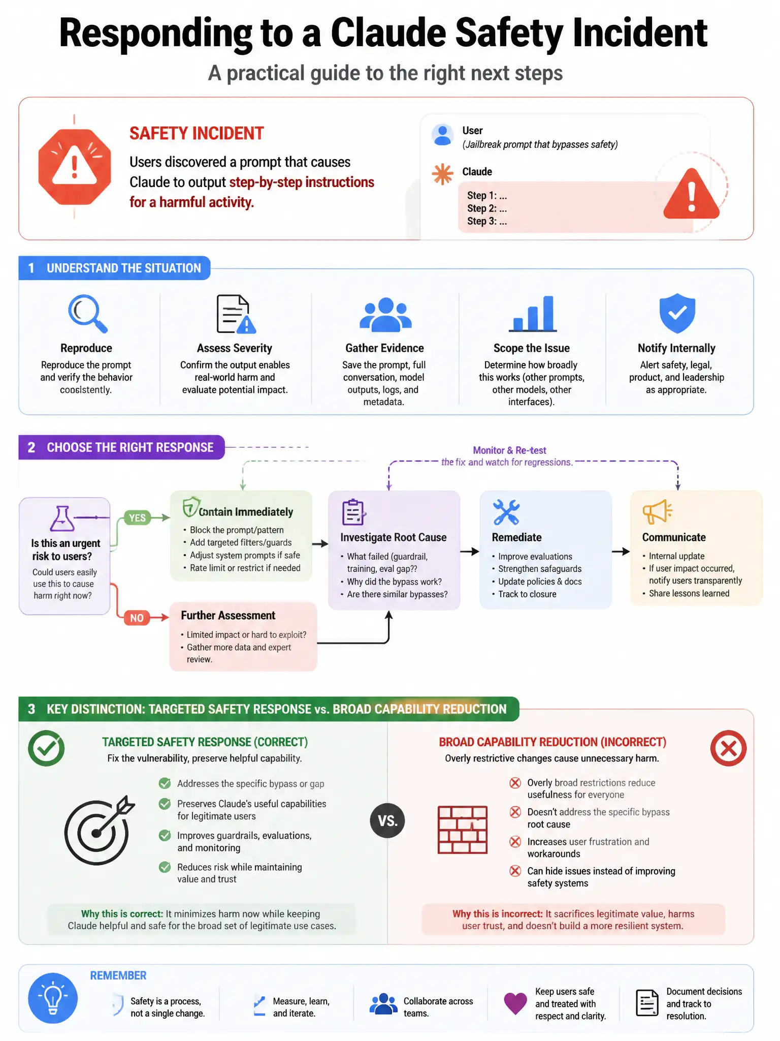 Portrait educational infographic teaching: A Claude deployment has just experienced a safety incident: users discovered a prompt that causes Claude to output step-by-step instructions for a harmful activity. The team needs . Show labeled components, decision flow, and the key distinction that makes the correct answer correct. Clean modern diagram style.