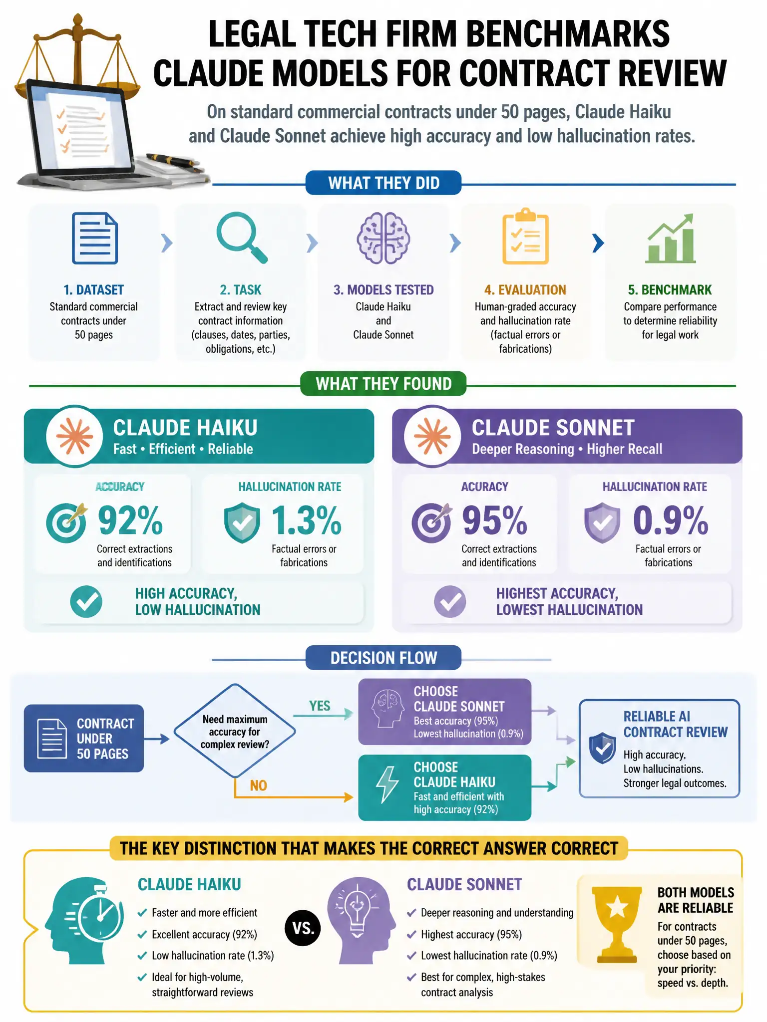 Portrait educational infographic teaching: A legal technology firm benchmarks Claude models for contract review. Their tests show that on standard commercial contracts under 50 pages, Claude Haiku and Claude Sonnet achieve . Show labeled components, decision flow, and the key distinction that makes the correct answer correct. Clean modern diagram style.