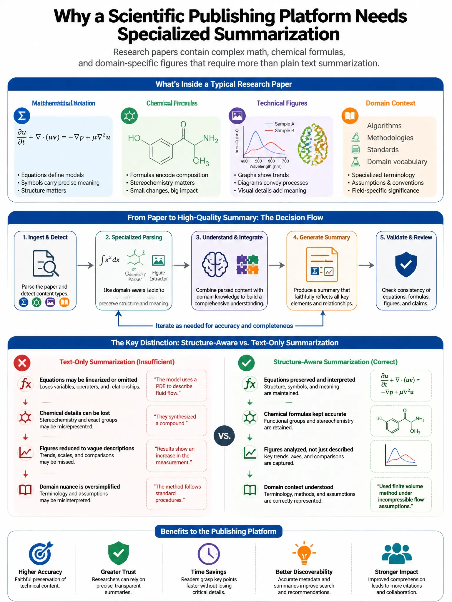 Portrait educational infographic teaching: A scientific publishing platform needs to summarize research papers that frequently contain complex mathematical notation, chemical formulas, and domain-specific technical figures.. Show labeled components, decision flow, and the key distinction that makes the correct answer correct. Clean modern diagram style.
