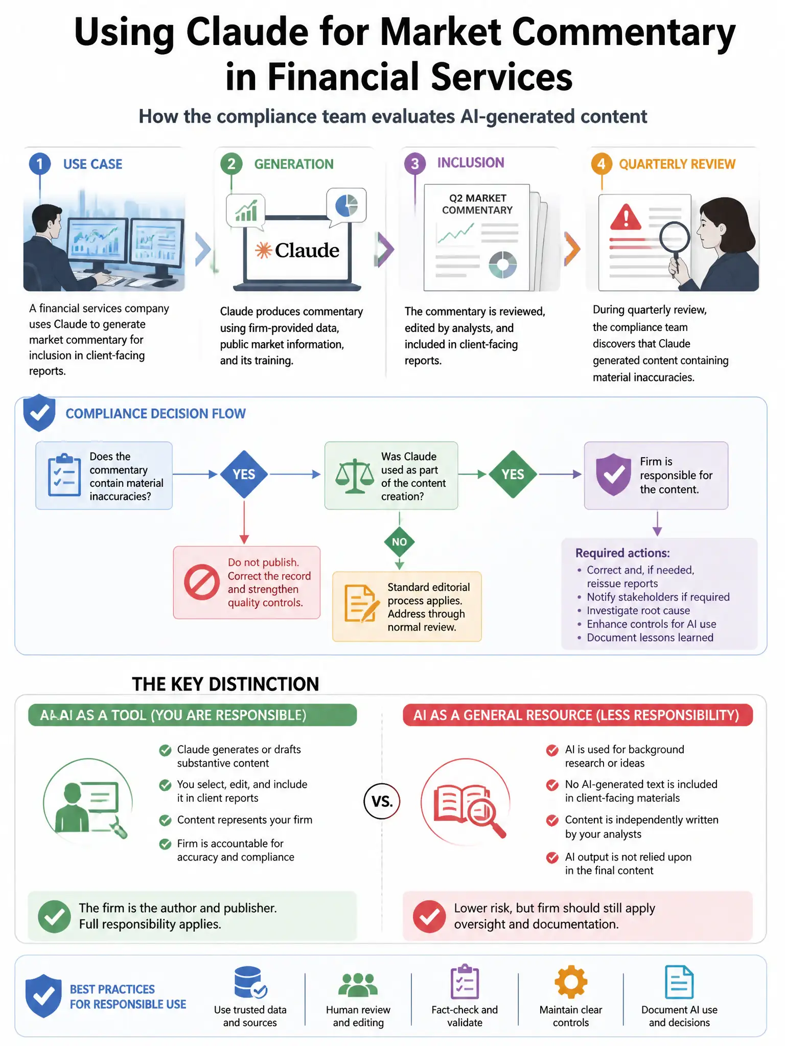 Portrait educational infographic teaching: A financial services company uses Claude to generate market commentary for inclusion in client-facing reports. During a quarterly review, the compliance team discovers that Claude . Show labeled components, decision flow, and the key distinction that makes the correct answer correct. Clean modern diagram style.
