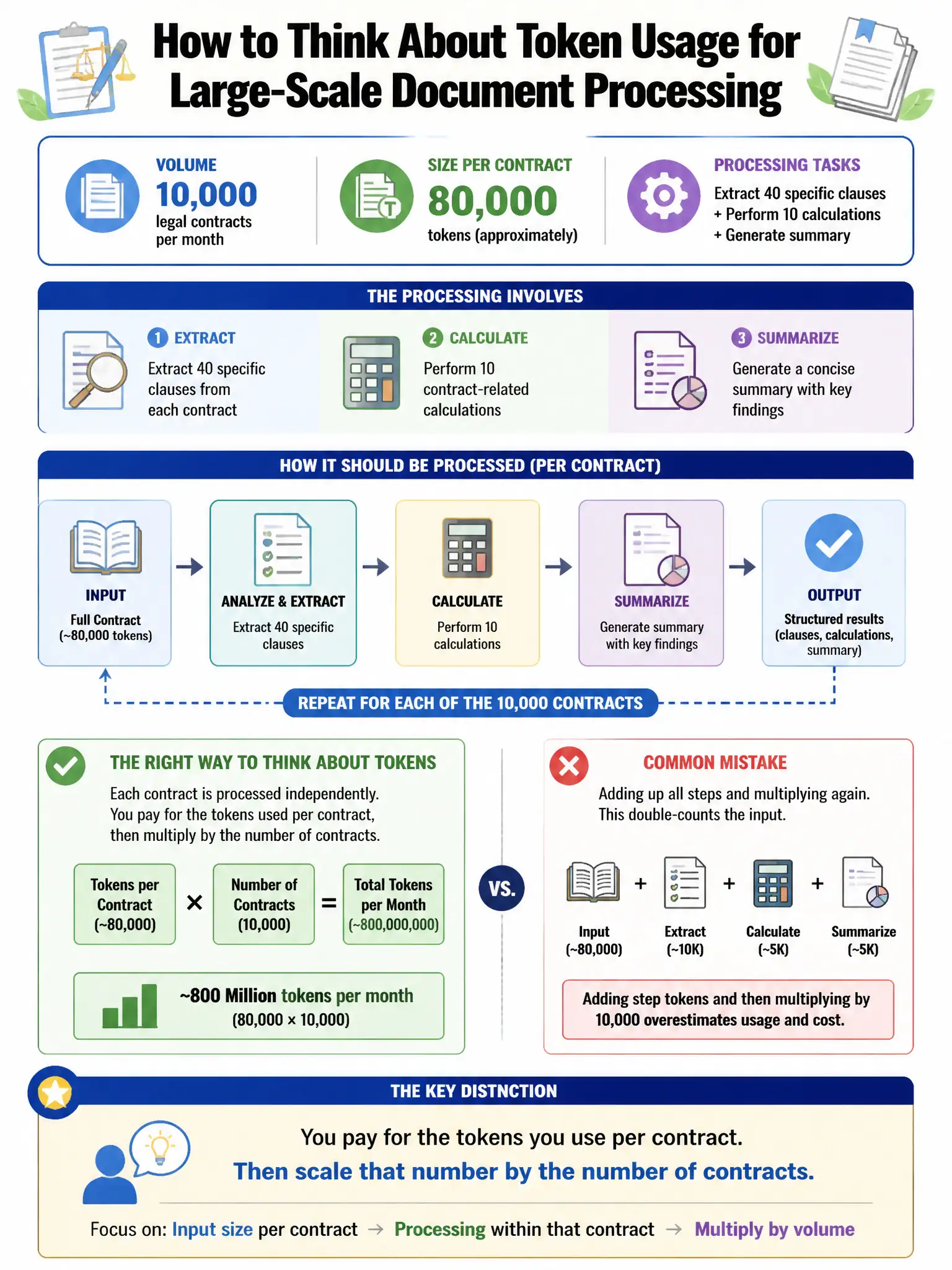 Portrait educational infographic teaching: A financial services firm needs to process 10,000 legal contracts per month. Each contract is approximately 80,000 tokens. The processing involves: (1) extracting 40 specific claus. Show labeled components, decision flow, and the key distinction that makes the correct answer correct. Clean modern diagram style.