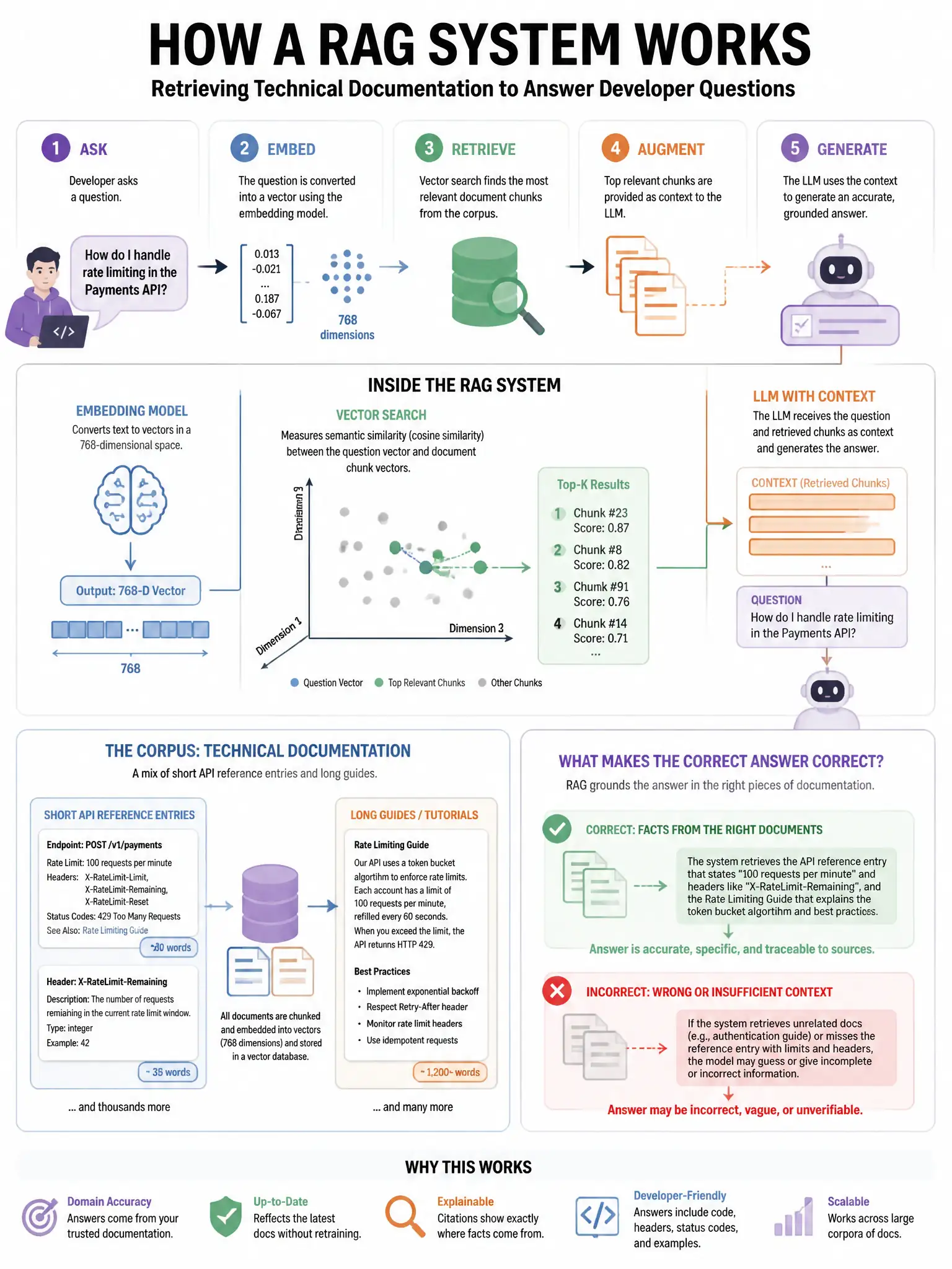 Portrait educational infographic teaching: A RAG system retrieves technical documentation to answer developer questions. The embedding model produces 768-dimensional vectors. The corpus contains both short API reference ent. Show labeled components, decision flow, and the key distinction that makes the correct answer correct. Clean modern diagram style.