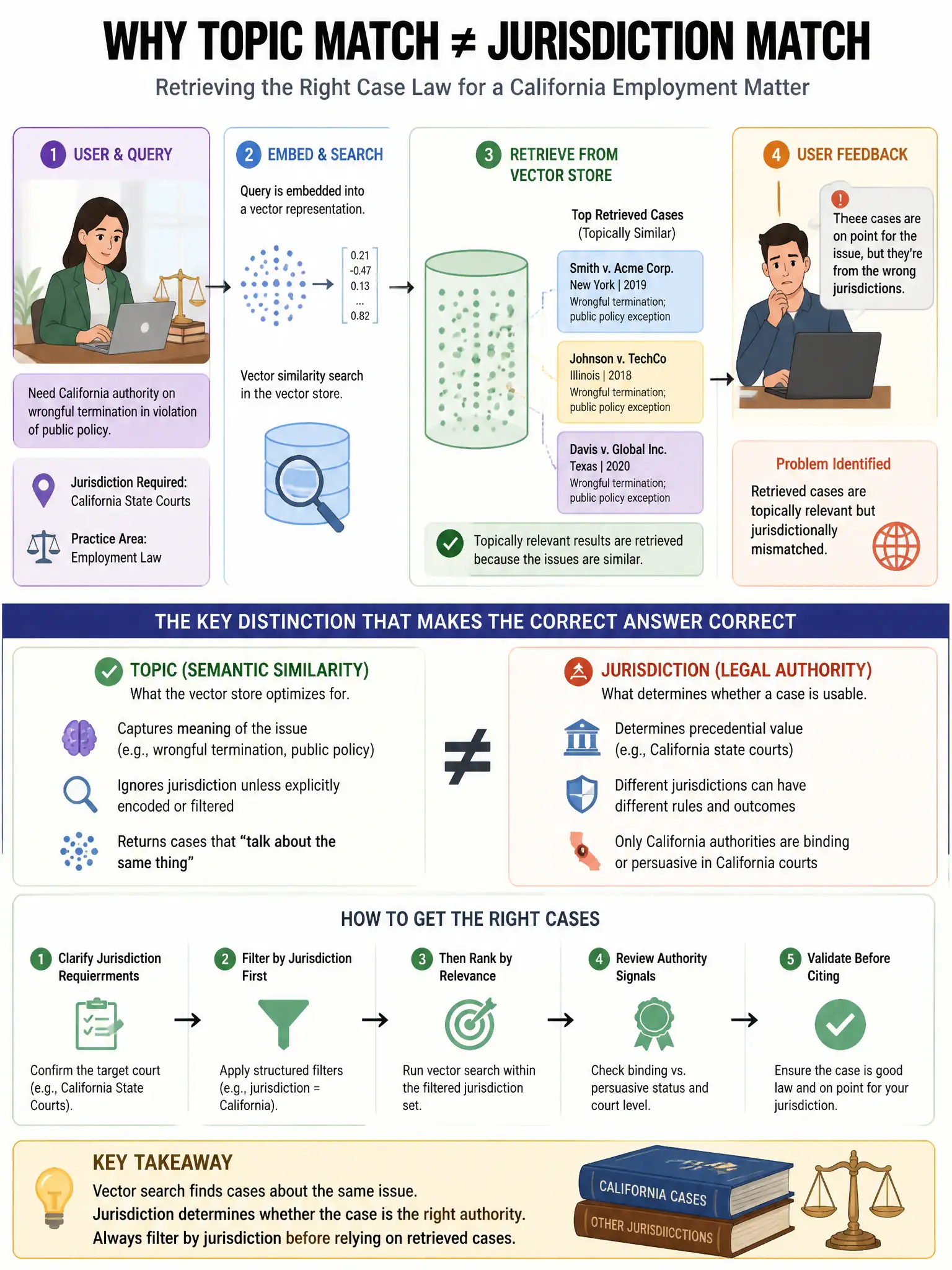 Portrait educational infographic teaching: A legal research assistant retrieves case law from a vector store. Users report that retrieved cases are topically relevant but jurisdictionally mismatched — a California employmen. Show labeled components, decision flow, and the key distinction that makes the correct answer correct. Clean modern diagram style.