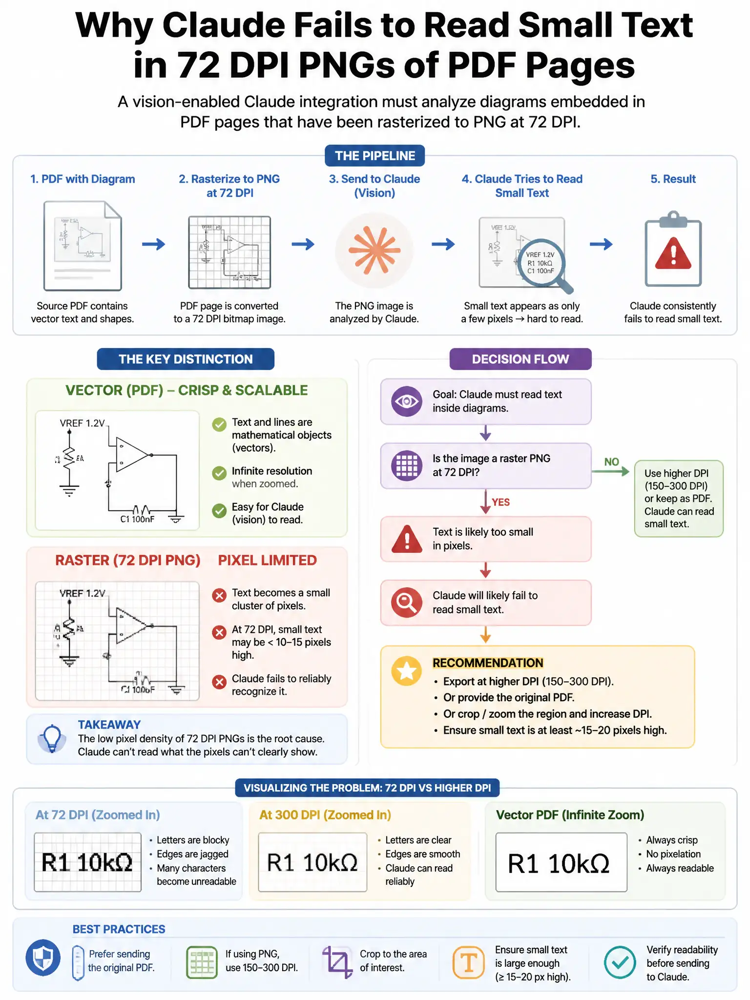 Portrait educational infographic teaching: A vision-enabled Claude integration must analyze diagrams embedded in PDF pages that have been rasterized to PNG at 72 DPI. During testing, Claude consistently fails to read small . Show labeled components, decision flow, and the key distinction that makes the correct answer correct. Clean modern diagram style.
