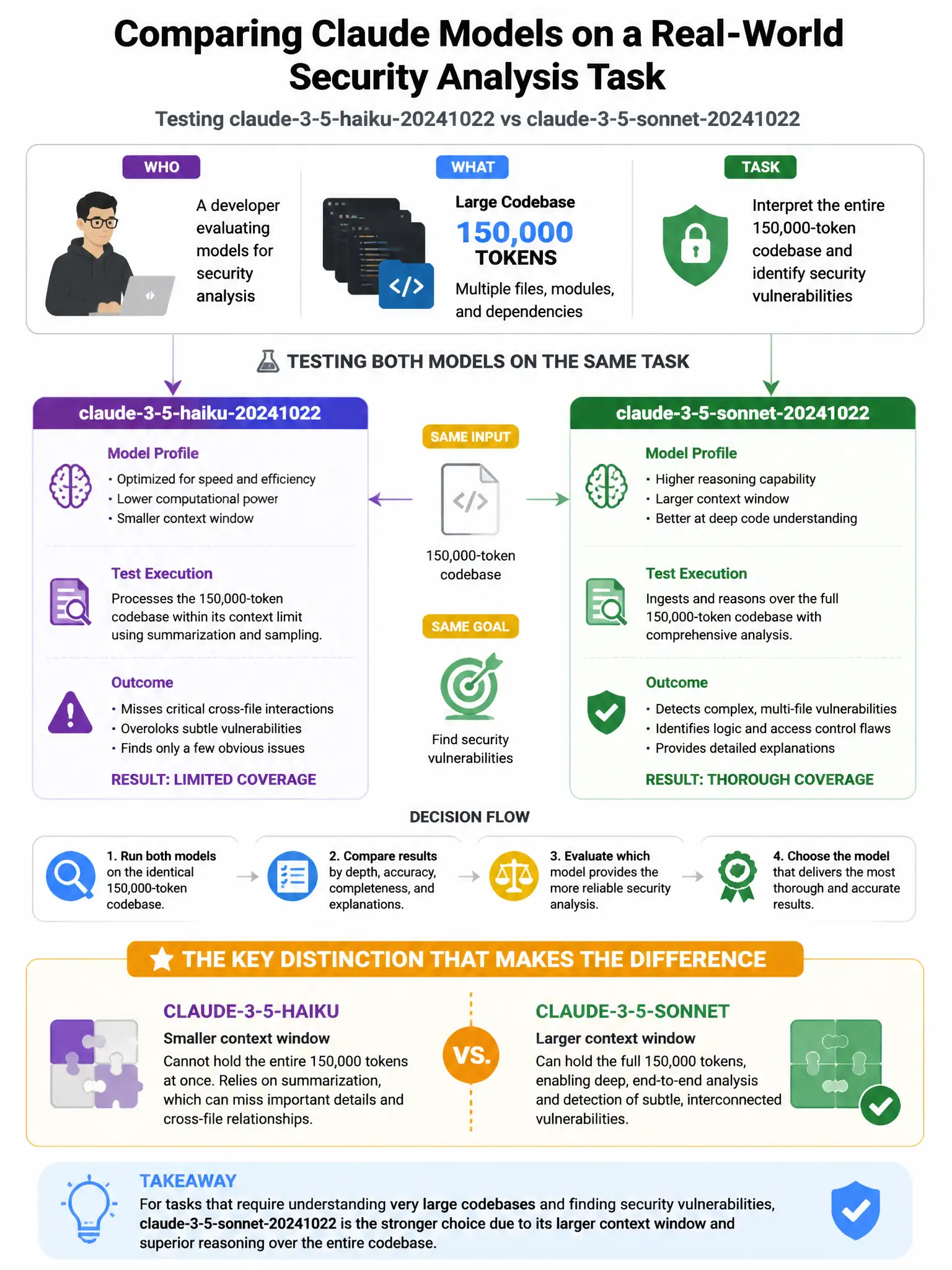 Portrait educational infographic teaching: A developer tests both claude-3-5-haiku-20241022 and claude-3-5-sonnet-20241022 on a task that requires interpreting a 150,000-token codebase and identifying security vulnerabiliti. Show labeled components, decision flow, and the key distinction that makes the correct answer correct. Clean modern diagram style.