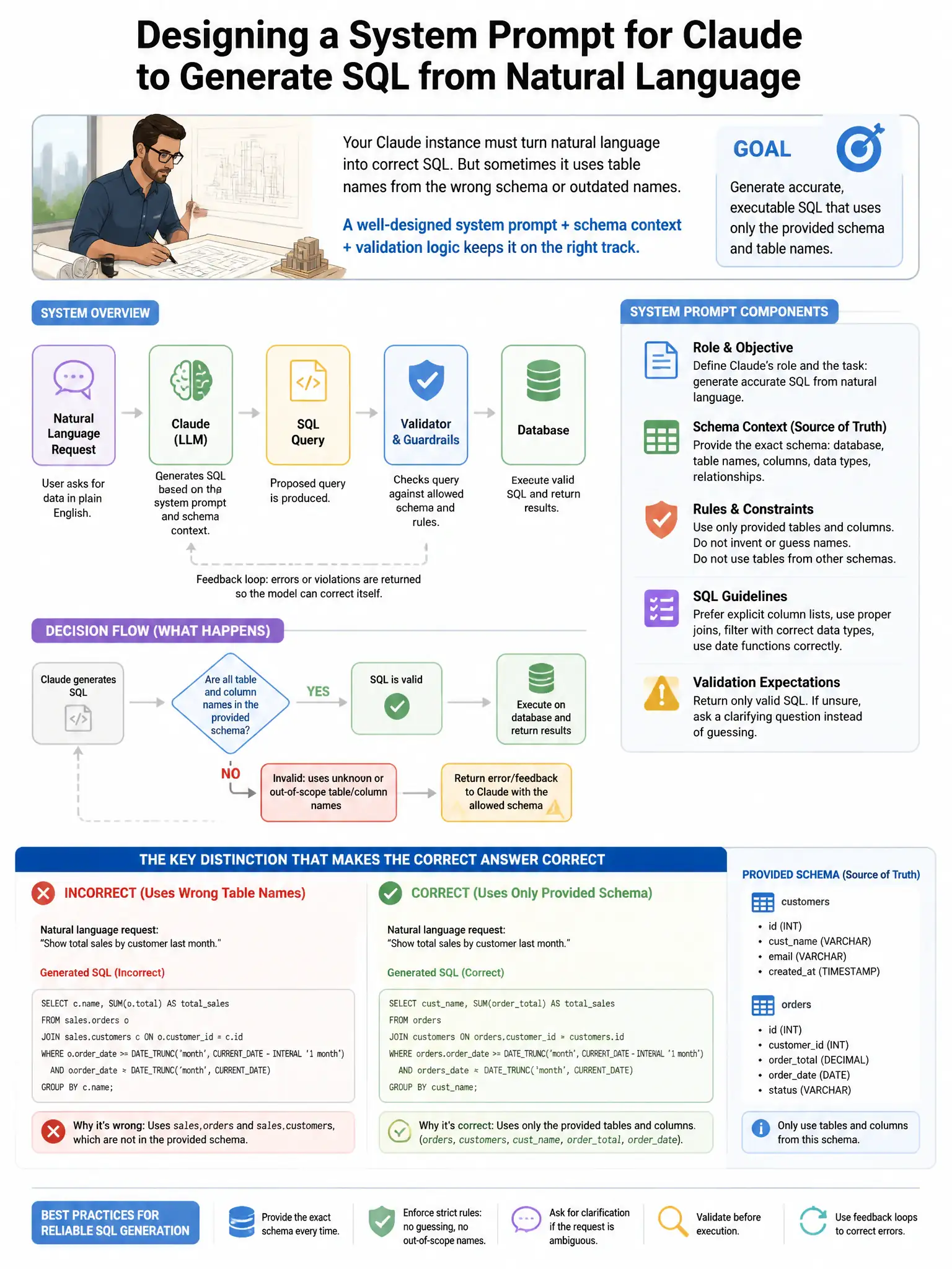Portrait educational infographic teaching: An architect is designing a system prompt for a Claude instance that must generate SQL queries from natural language. The model occasionally generates queries using table names fro. Show labeled components, decision flow, and the key distinction that makes the correct answer correct. Clean modern diagram style.