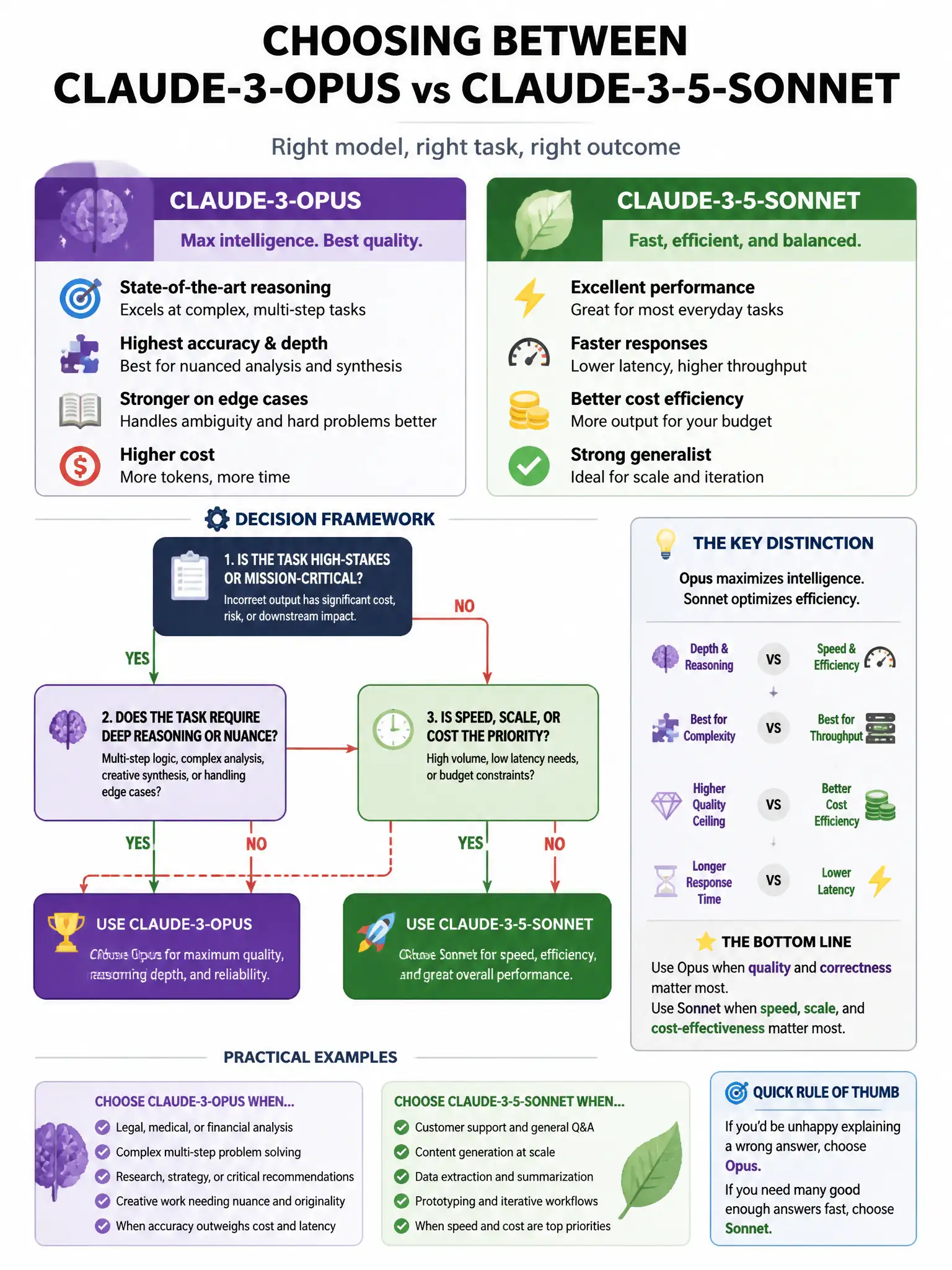 Portrait educational infographic teaching: An AI product team is debating when to use claude-3-opus versus claude-3-5-sonnet. A senior architect is asked to define the decision criteria. Which set of criteria correctly iden. Show labeled components, decision flow, and the key distinction that makes the correct answer correct. Clean modern diagram style.