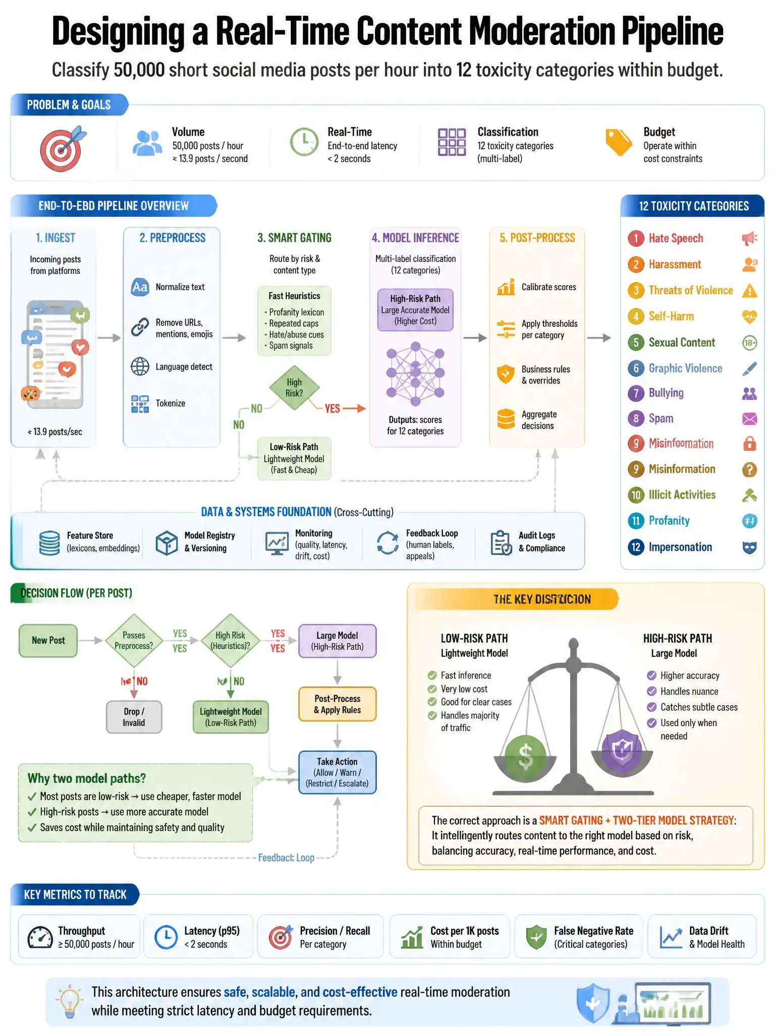 Portrait educational infographic teaching: An architect is designing a real-time content moderation pipeline that must classify 50,000 short social media posts per hour into 12 toxicity categories. The system has a budget c. Show labeled components, decision flow, and the key distinction that makes the correct answer correct. Clean modern diagram style.
