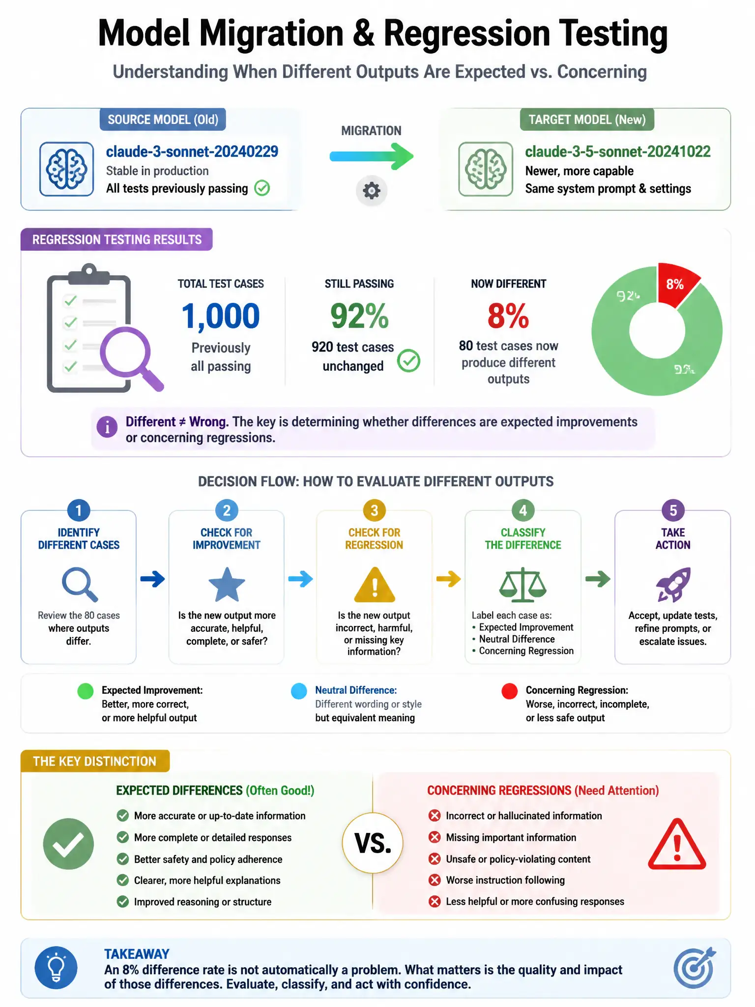 Portrait educational infographic teaching: A team is migrating from claude-3-sonnet-20240229 to claude-3-5-sonnet-20241022. During regression testing, they discover that 8% of previously passing test cases now produce d. Show labeled components, decision flow, and the key distinction that makes the correct answer correct. Clean modern diagram style.