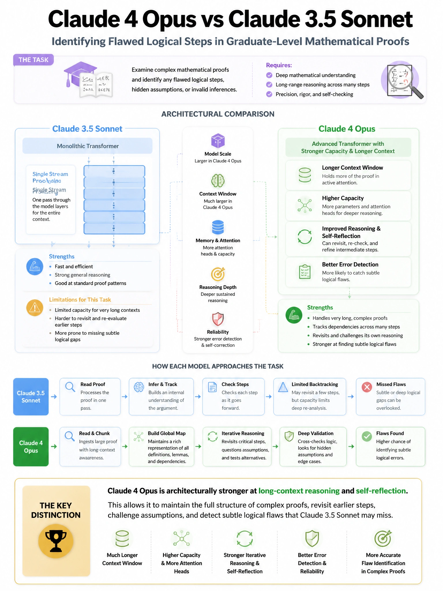 Portrait educational infographic teaching: A team is comparing Claude 4 Opus with Claude 3.5 Sonnet for a task requiring identification of flawed logical steps in graduate-level mathematical proofs. Which architectural cons. Show labeled components, decision flow, and the key distinction that makes the correct answer correct. Clean modern diagram style.