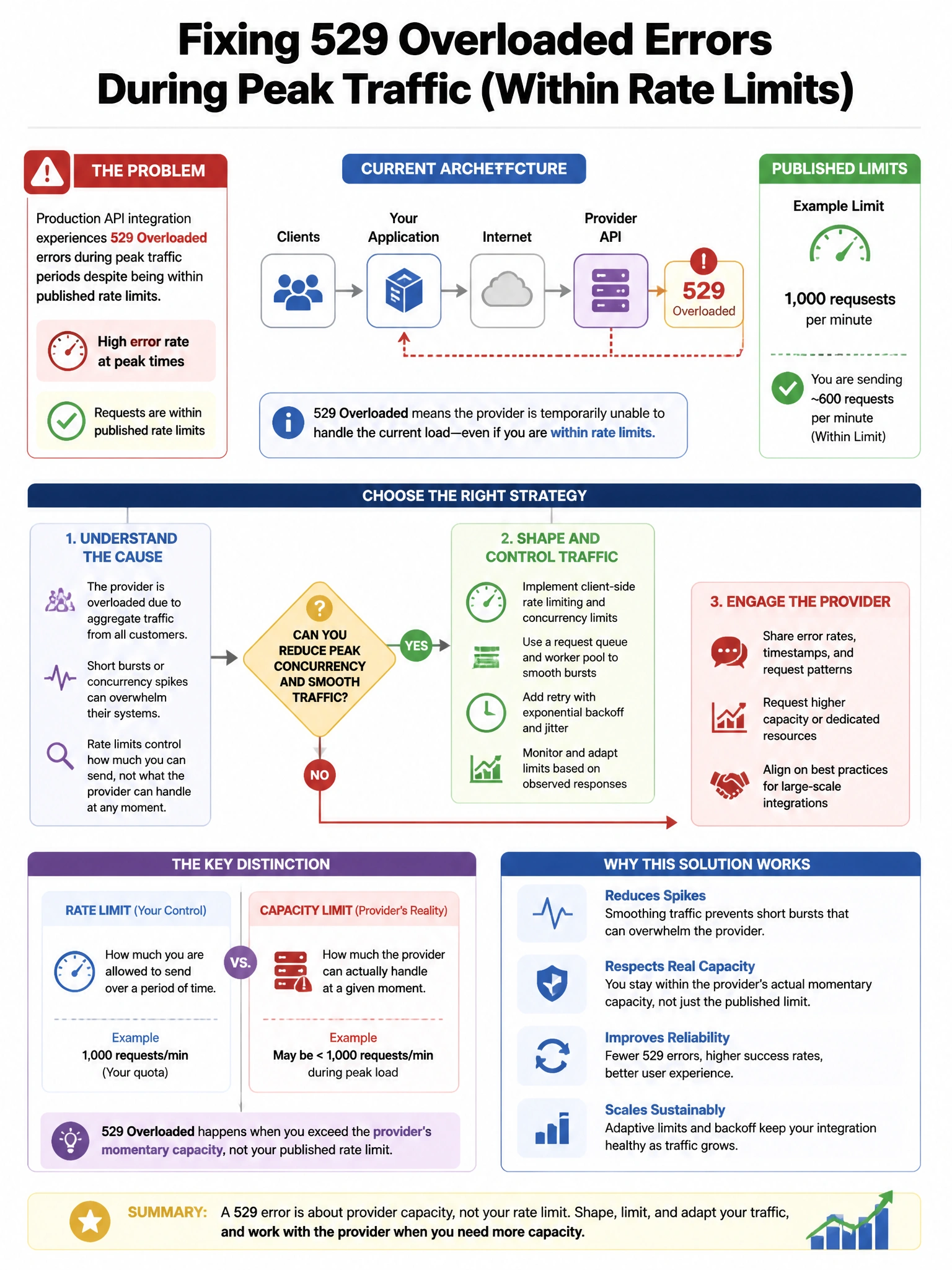 Portrait educational infographic teaching: A production API integration is experiencing 529 Overloaded errors during peak traffic periods despite being within published rate limits. An architect is tasked with improving r. Show labeled components, decision flow, and the key distinction that makes the correct answer correct. Clean modern diagram style.