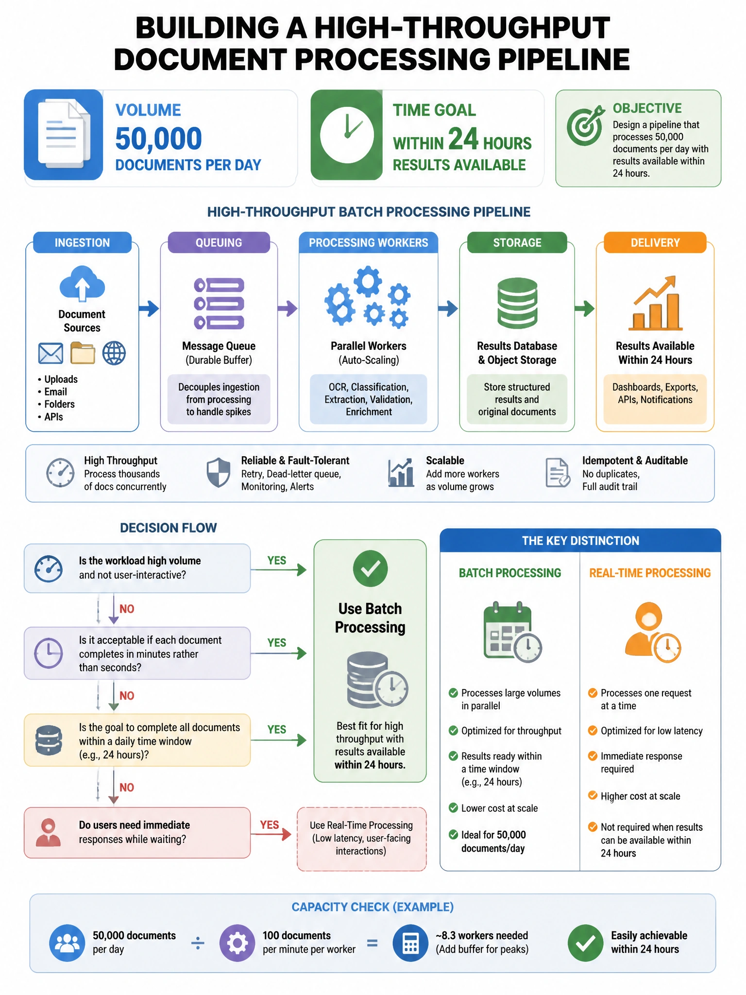 Portrait educational infographic teaching: An architect is building a high-throughput document processing pipeline that needs to process 50,000 documents per day with results available within 24 hours. Real-time responses a. Show labeled components, decision flow, and the key distinction that makes the correct answer correct. Clean modern diagram style.