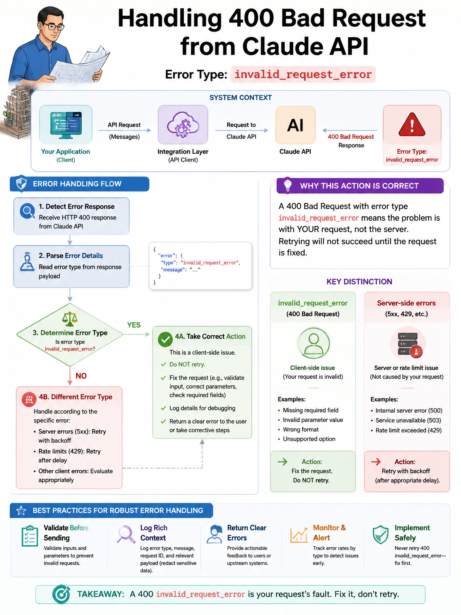 Portrait educational infographic teaching: An architect is implementing error handling for a Claude API integration. The system receives a 400 Bad Request with error type invalidrequesterror. Which action is appropria. Show labeled components, decision flow, and the key distinction that makes the correct answer correct. Clean modern diagram style.