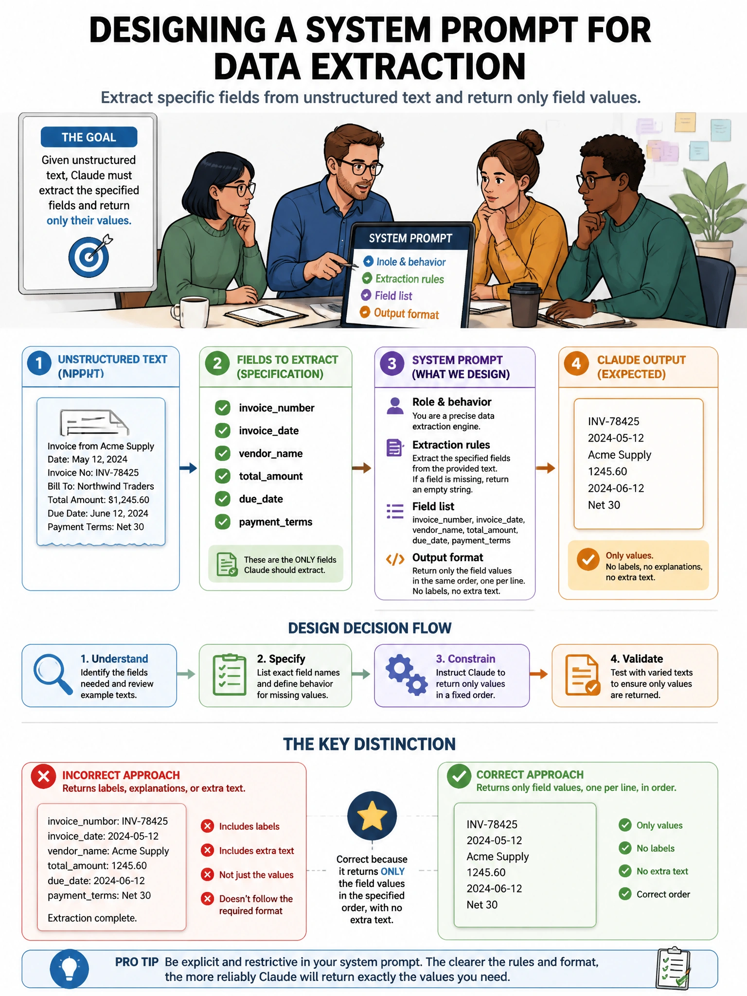 Portrait educational infographic teaching: An architect is designing a system prompt for a data extraction task where Claude must extract specific fields from unstructured text and return only field values. The team observe. Show labeled components, decision flow, and the key distinction that makes the correct answer correct. Clean modern diagram style.
