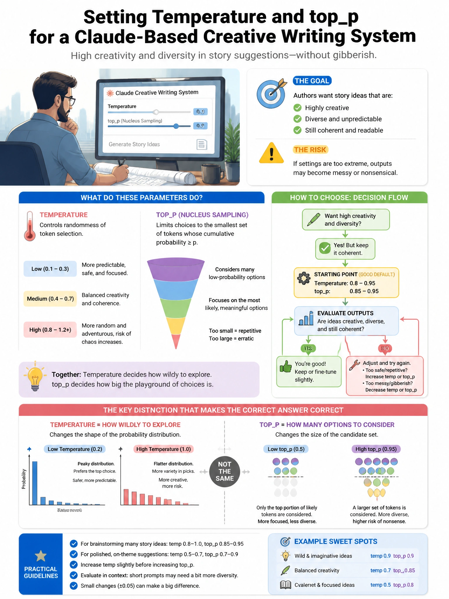 Portrait educational infographic teaching: An architect is setting temperature and topp parameters for a Claude-based creative writing system. Authors want high creativity and diversity in story suggestions, but outputs mu. Show labeled components, decision flow, and the key distinction that makes the correct answer correct. Clean modern diagram style.