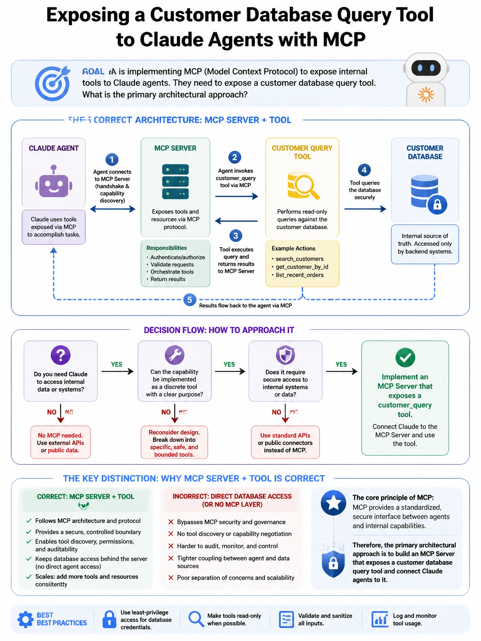 Portrait educational infographic teaching: A team is implementing MCP (Model Context Protocol) to expose internal tools to Claude agents. They need to expose a customer database query tool. What is the primary architectural. Show labeled components, decision flow, and the key distinction that makes the correct answer correct. Clean modern diagram style.