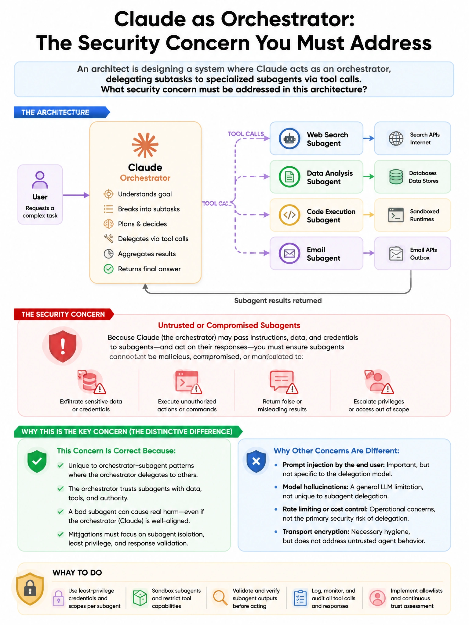 Portrait educational infographic teaching: An architect is designing a system where Claude acts as an orchestrator, delegating subtasks to specialized subagents via tool calls. What security concern must be addressed in thi. Show labeled components, decision flow, and the key distinction that makes the correct answer correct. Clean modern diagram style.