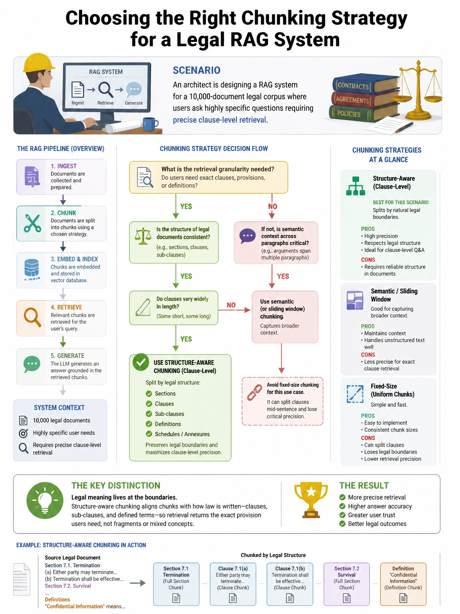 Portrait educational infographic teaching: An architect is designing a RAG system for a 10,000-document legal corpus where users ask highly specific questions requiring precise clause-level retrieval. Which chunking strateg. Show labeled components, decision flow, and the key distinction that makes the correct answer correct. Clean modern diagram style.