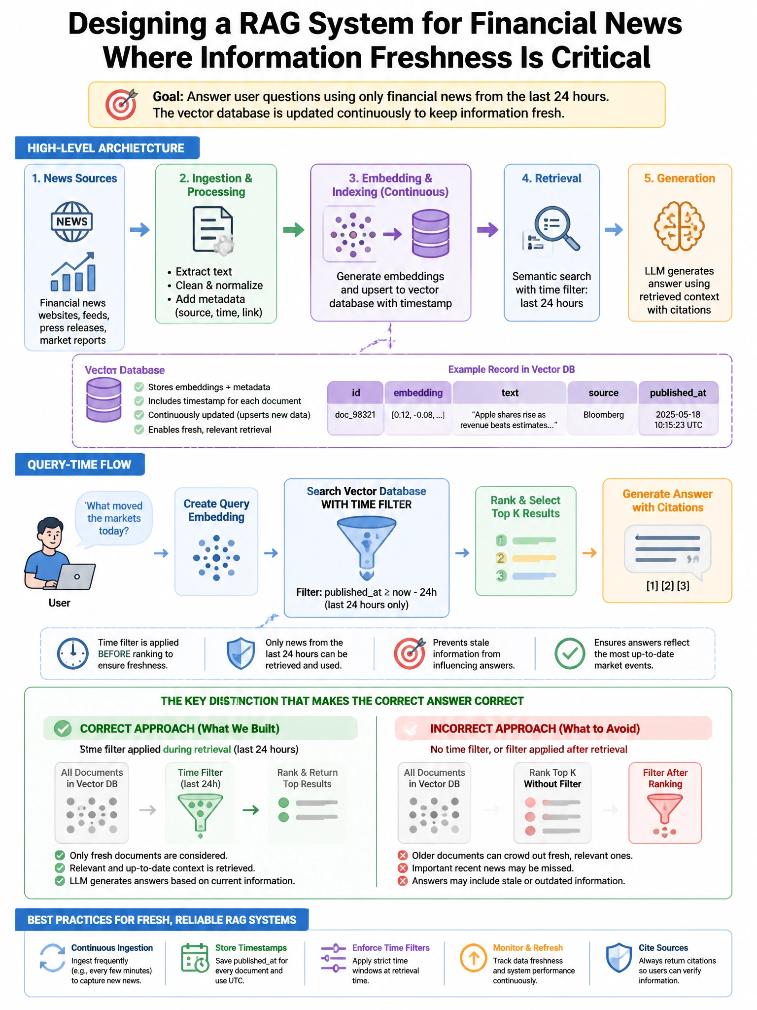 Portrait educational infographic teaching: An architect is designing a RAG system for a financial news application where information freshness is critical (data must be from the last 24 hours). The vector database is update. Show labeled components, decision flow, and the key distinction that makes the correct answer correct. Clean modern diagram style.