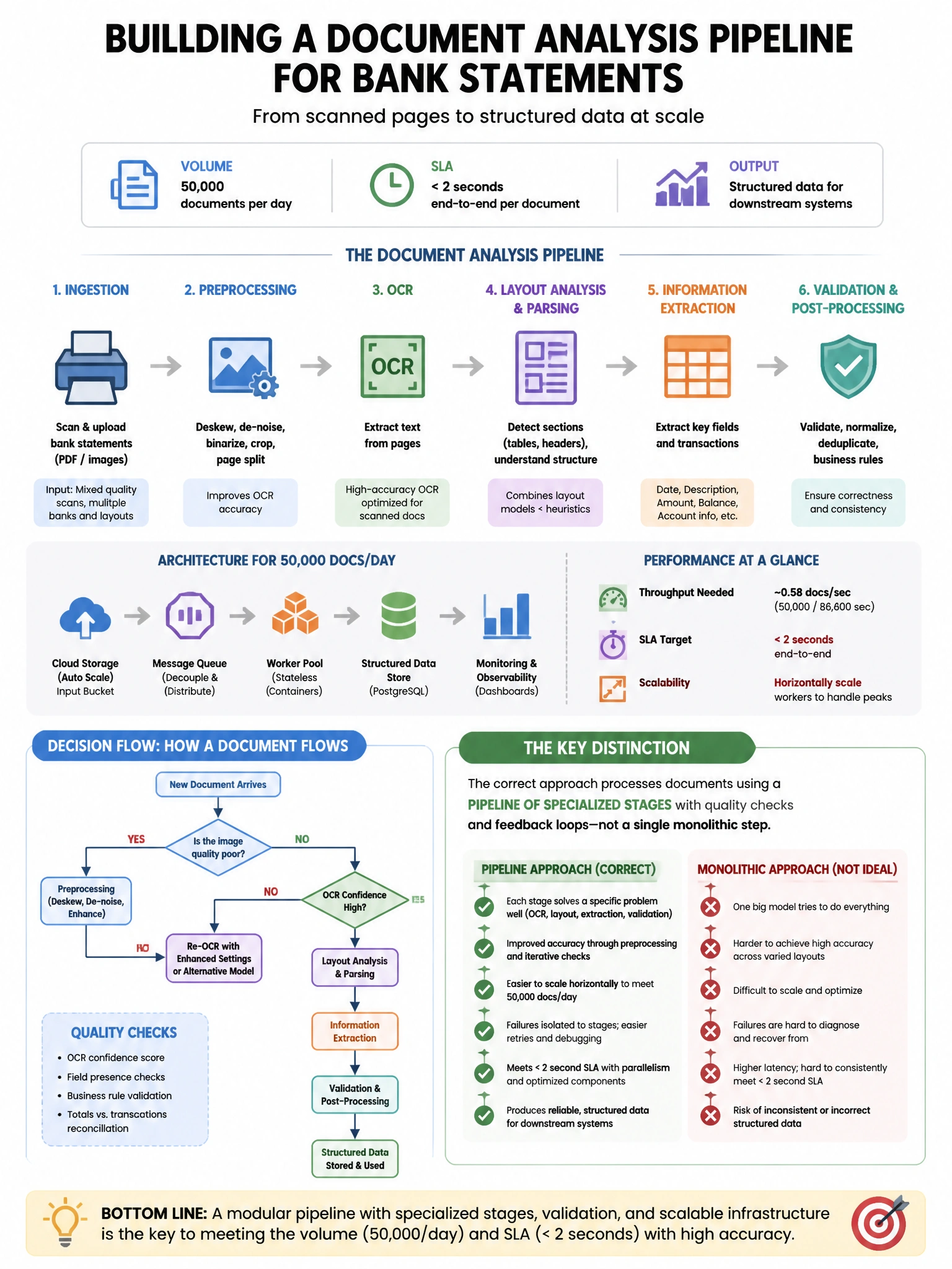 Portrait educational infographic teaching: A fintech startup is building a document analysis pipeline that processes scanned bank statements and extracts structured data. Processing volume is 50,000 documents per day, and e. Show labeled components, decision flow, and the key distinction that makes the correct answer correct. Clean modern diagram style.