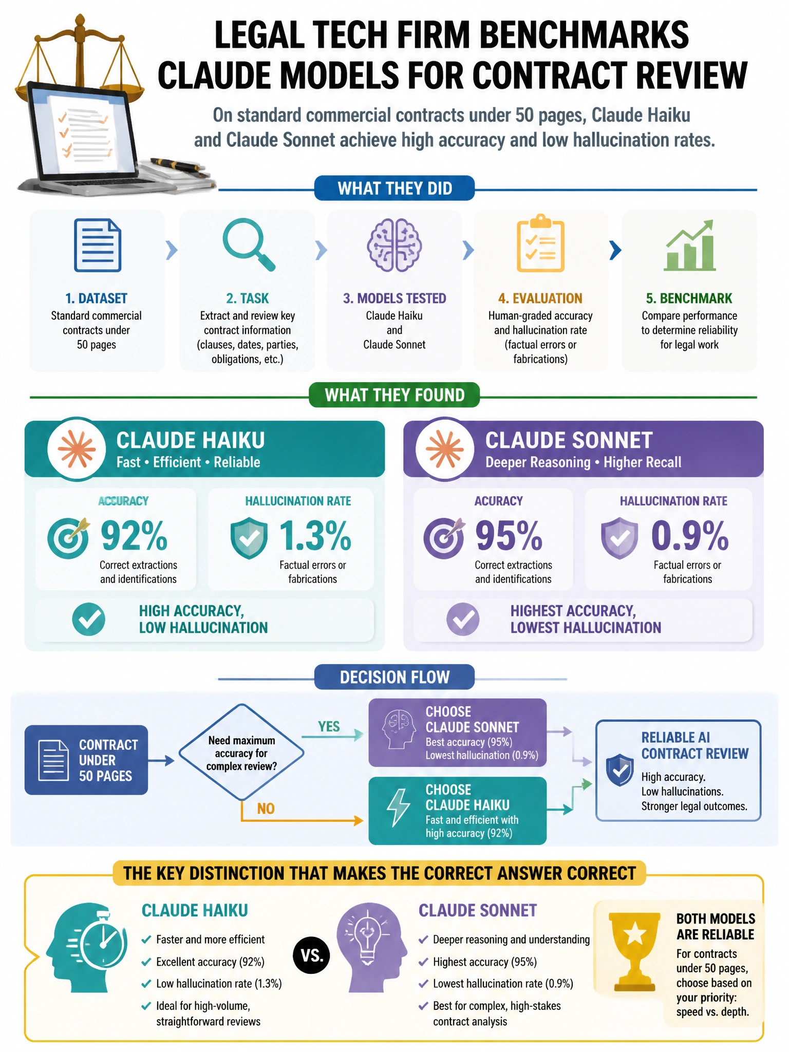 Portrait educational infographic teaching: A legal technology firm benchmarks Claude models for contract review. Their tests show that on standard commercial contracts under 50 pages, Claude Haiku and Claude Sonnet achieve . Show labeled components, decision flow, and the key distinction that makes the correct answer correct. Clean modern diagram style.