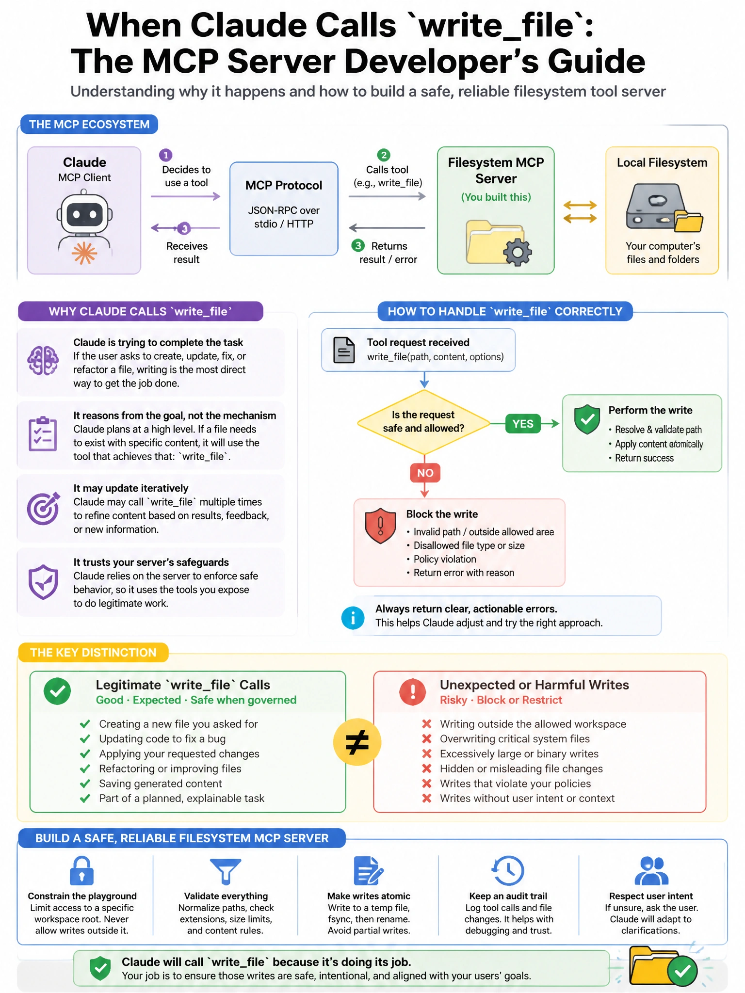 Portrait educational infographic teaching: An MCP (Model Context Protocol) server developer is building a filesystem tool server. They notice that Claude, when acting as an MCP client, occasionally calls the writefile to. Show labeled components, decision flow, and the key distinction that makes the correct answer correct. Clean modern diagram style.