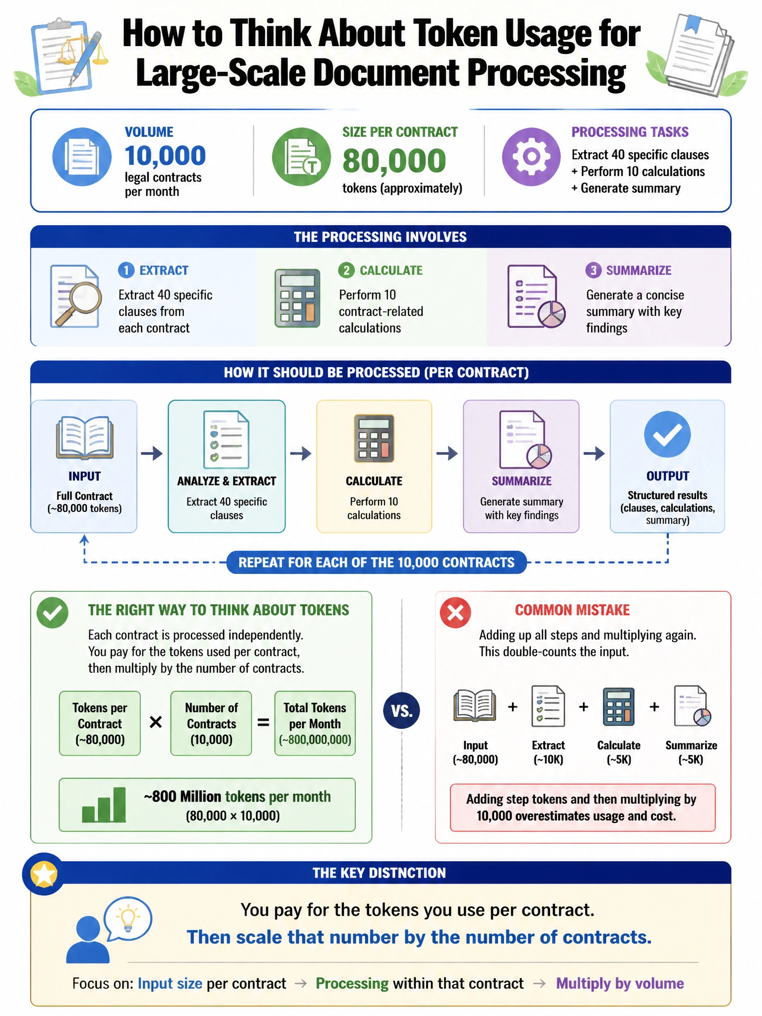 Portrait educational infographic teaching: A financial services firm needs to process 10,000 legal contracts per month. Each contract is approximately 80,000 tokens. The processing involves: (1) extracting 40 specific claus. Show labeled components, decision flow, and the key distinction that makes the correct answer correct. Clean modern diagram style.