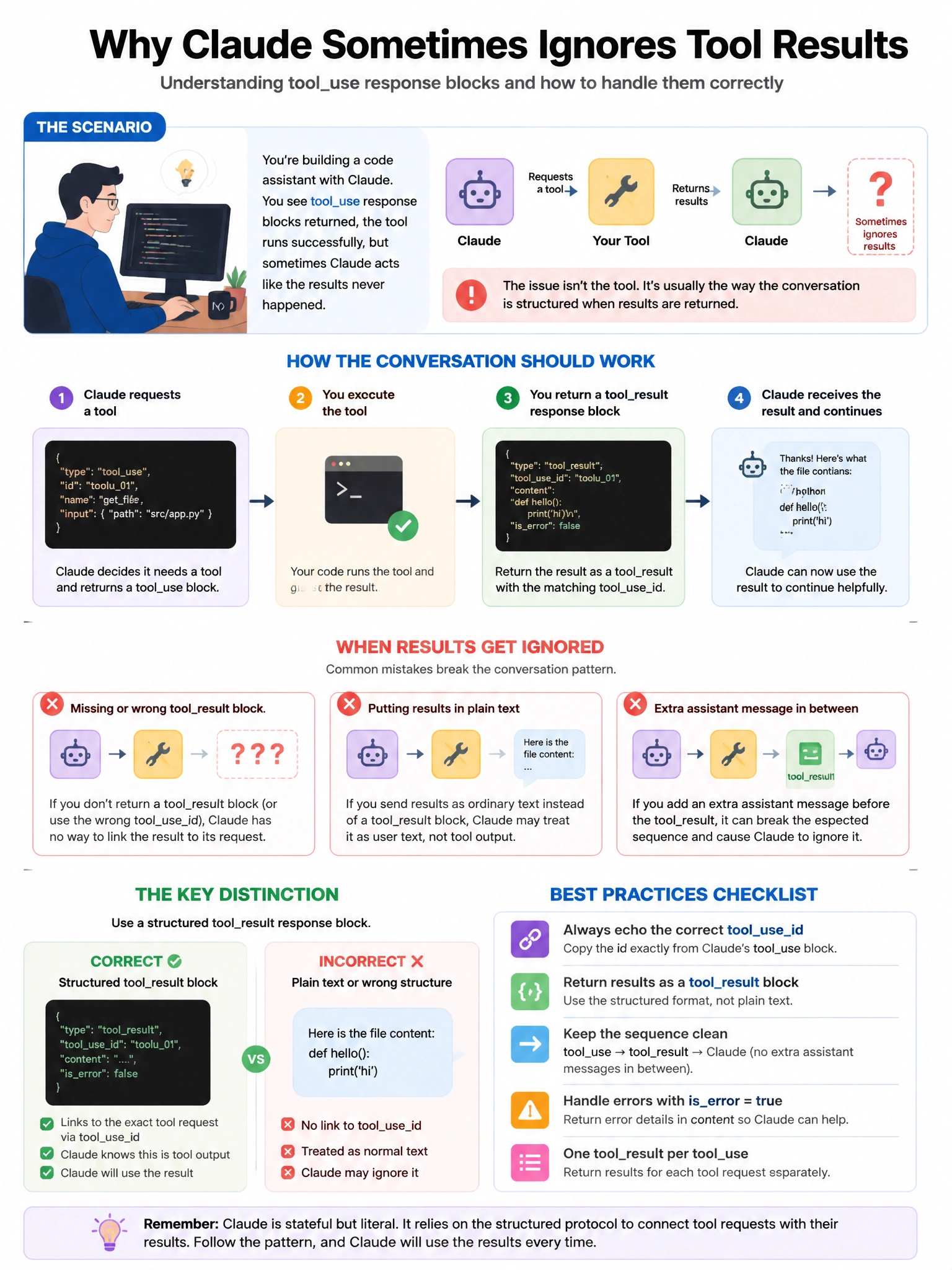 Portrait educational infographic teaching: A developer building a code assistant notices that tooluse response blocks are being returned by Claude but the tool results are sometimes ignored by subsequent Claude turns — Cla. Show labeled components, decision flow, and the key distinction that makes the correct answer correct. Clean modern diagram style.