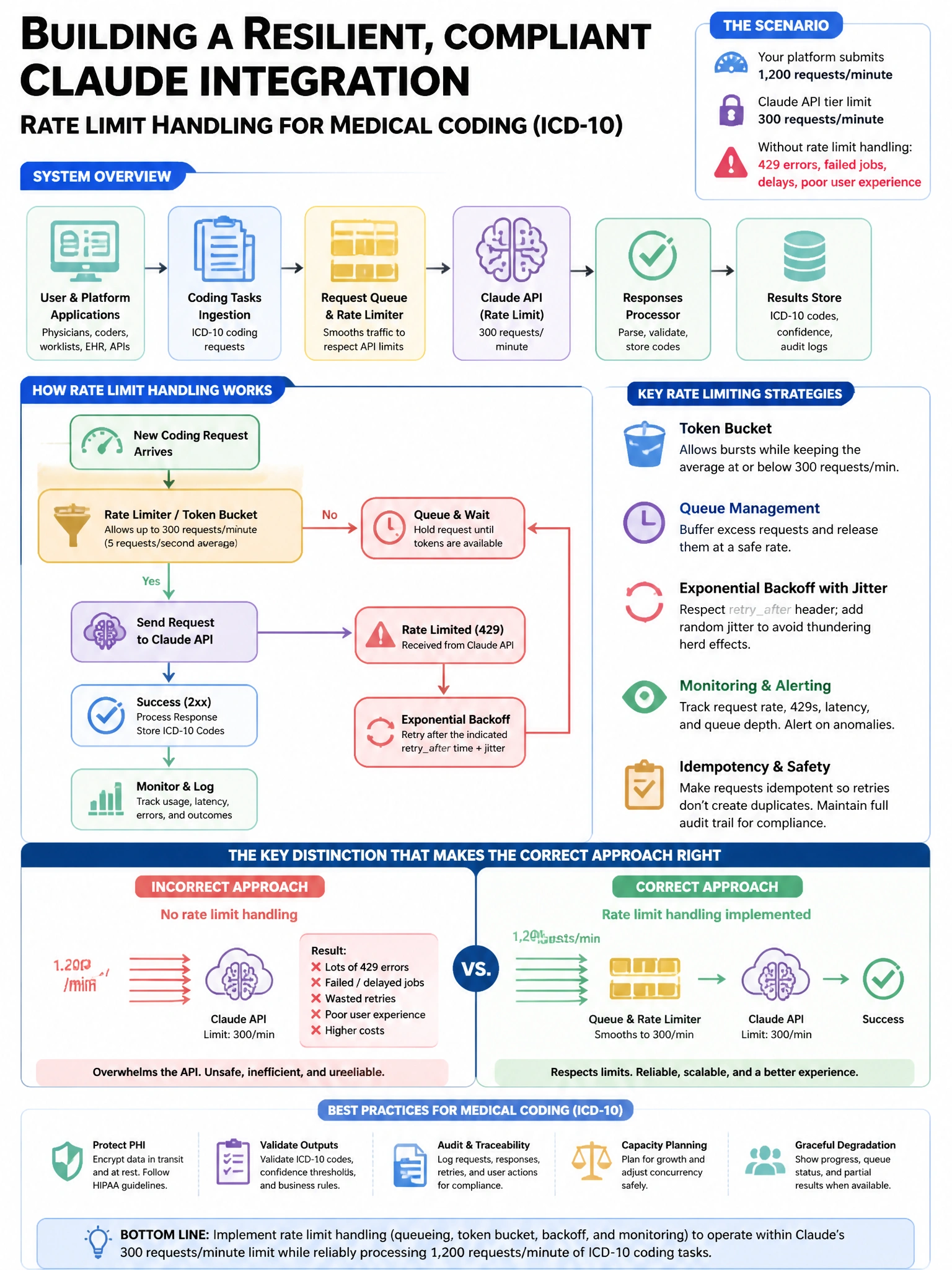Portrait educational infographic teaching: A platform must implement rate limit handling for a high-volume Claude integration processing medical coding (ICD-10) tasks. The system submits 1,200 requests/minute but the API ti. Show labeled components, decision flow, and the key distinction that makes the correct answer correct. Clean modern diagram style.
