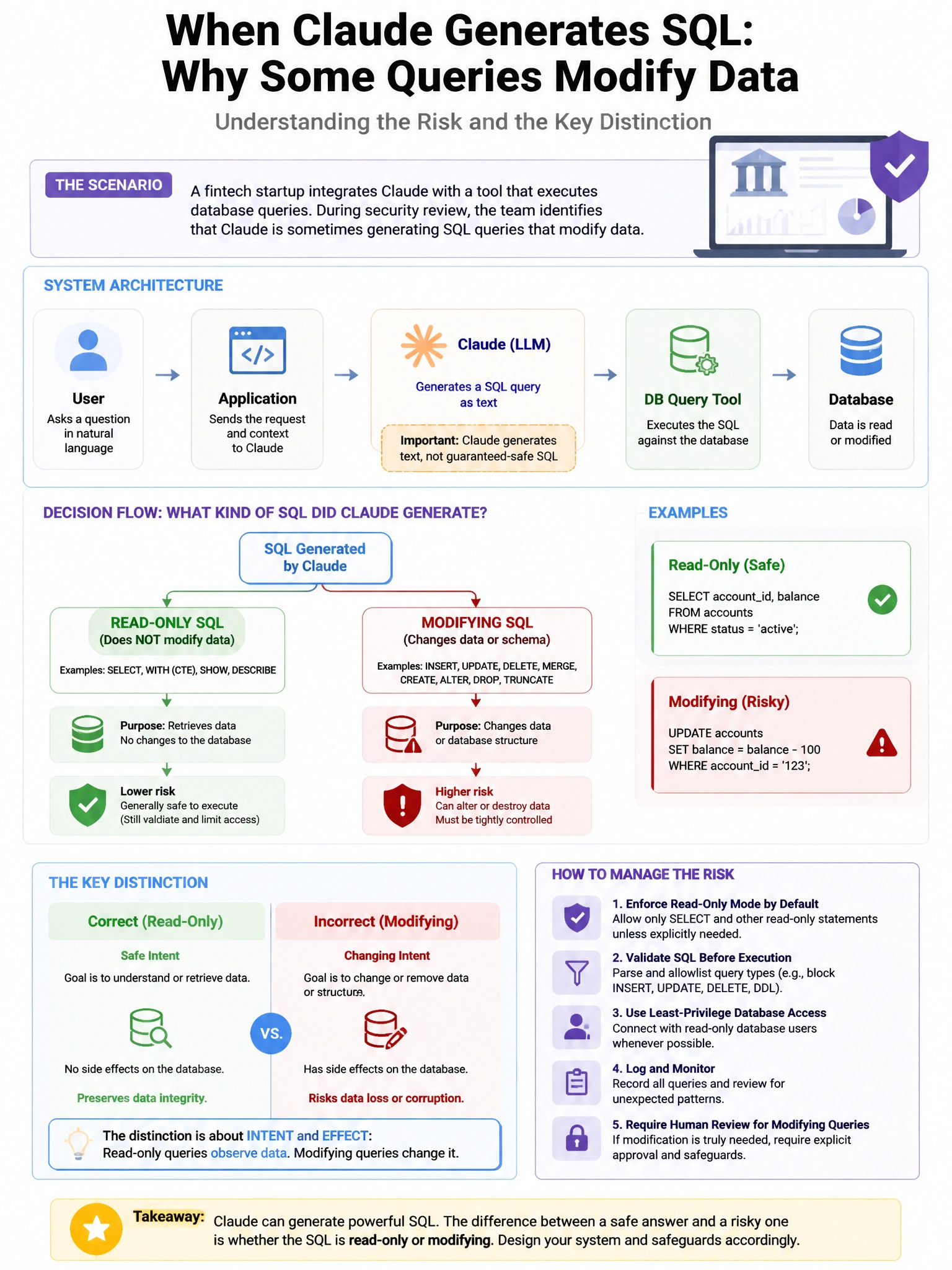 Portrait educational infographic teaching: A fintech startup integrates Claude with a tool that executes database queries. During security review, the team identifies that Claude is sometimes generating SQL queries that mod. Show labeled components, decision flow, and the key distinction that makes the correct answer correct. Clean modern diagram style.