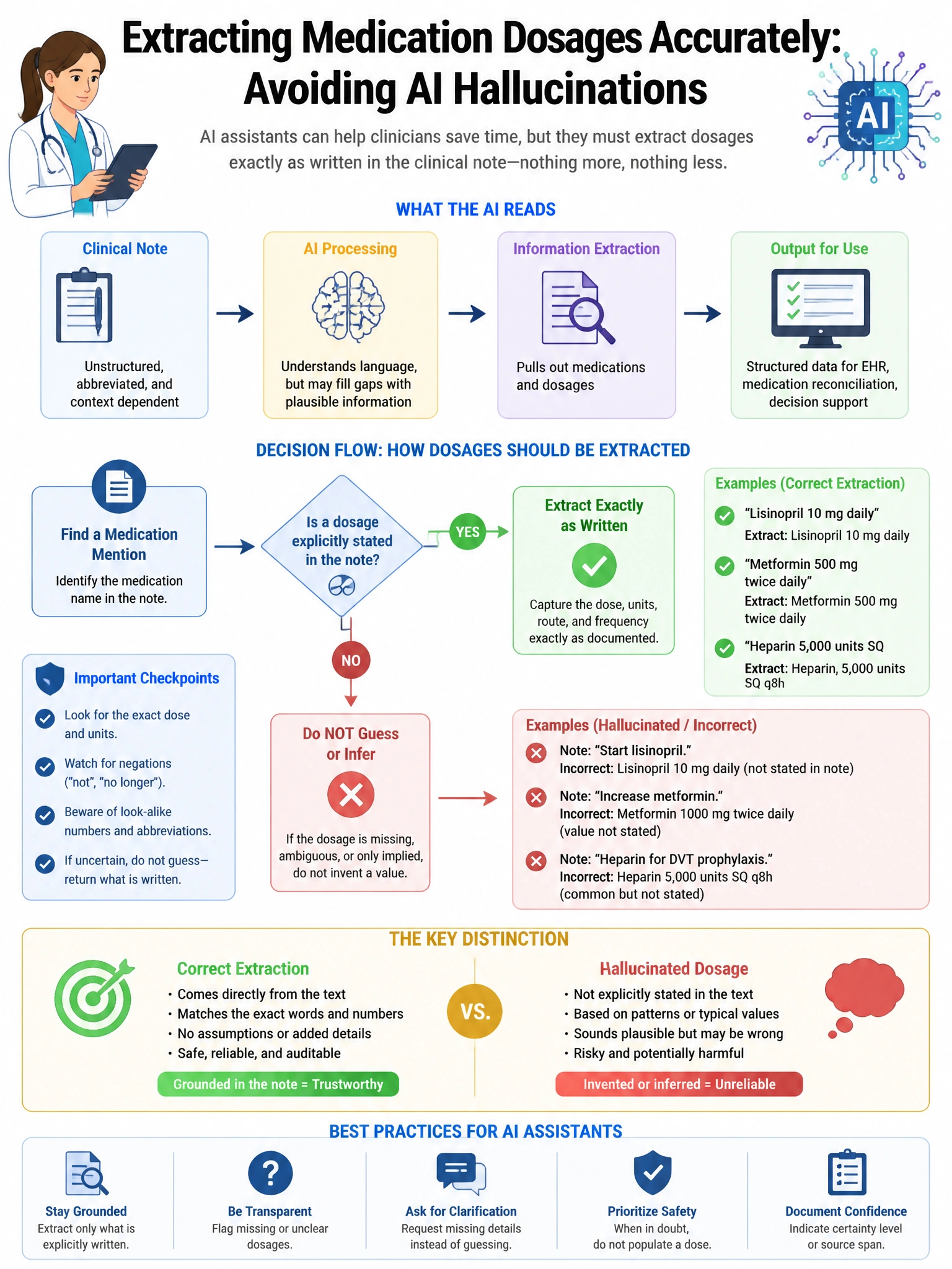 Portrait educational infographic teaching: An AI assistant for medical professionals needs to accurately extract medication dosages from clinical notes. The system occasionally hallucinates dosages that appear plausible but. Show labeled components, decision flow, and the key distinction that makes the correct answer correct. Clean modern diagram style.