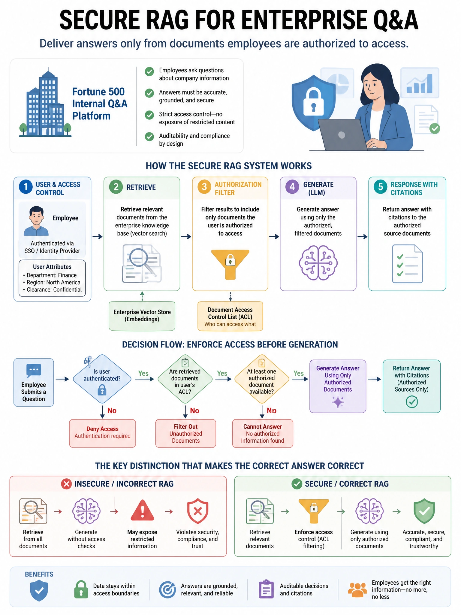 Portrait educational infographic teaching: A RAG system serves a Fortune 500 company's internal Q&A platform with strict access control: employees should only receive answers grounded in documents they are authorized to acc. Show labeled components, decision flow, and the key distinction that makes the correct answer correct. Clean modern diagram style.