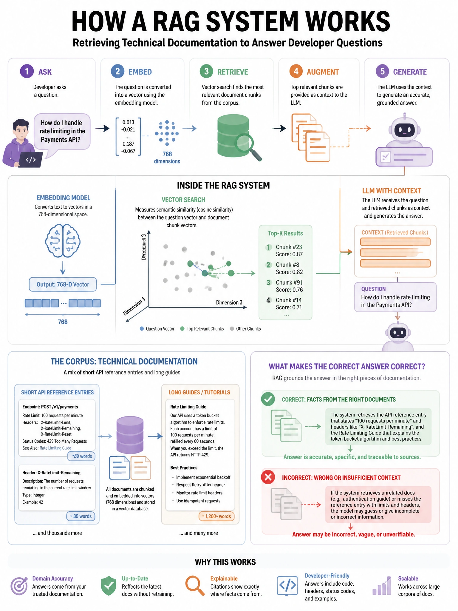 Portrait educational infographic teaching: A RAG system retrieves technical documentation to answer developer questions. The embedding model produces 768-dimensional vectors. The corpus contains both short API reference ent. Show labeled components, decision flow, and the key distinction that makes the correct answer correct. Clean modern diagram style.