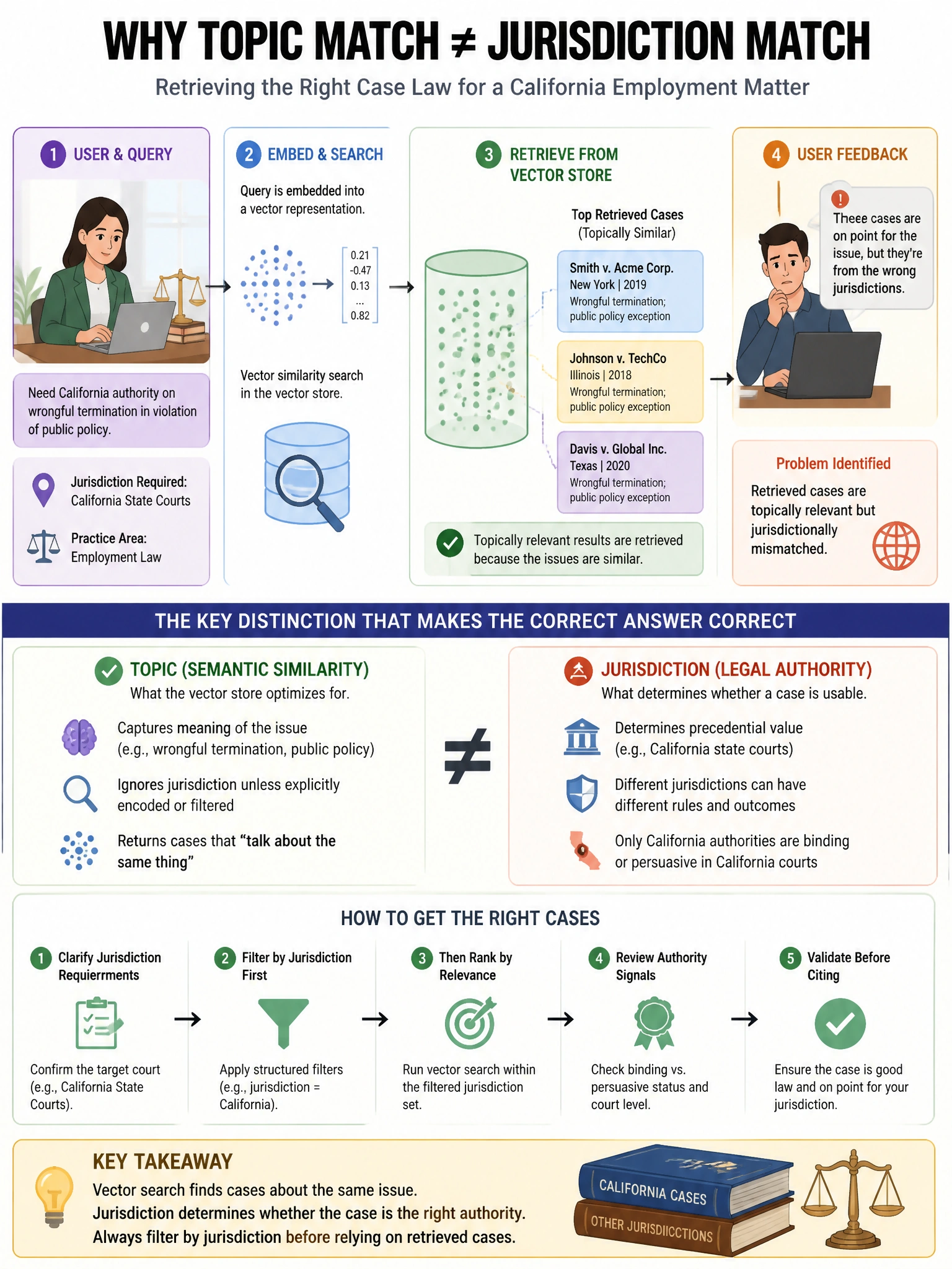 Portrait educational infographic teaching: A legal research assistant retrieves case law from a vector store. Users report that retrieved cases are topically relevant but jurisdictionally mismatched — a California employmen. Show labeled components, decision flow, and the key distinction that makes the correct answer correct. Clean modern diagram style.