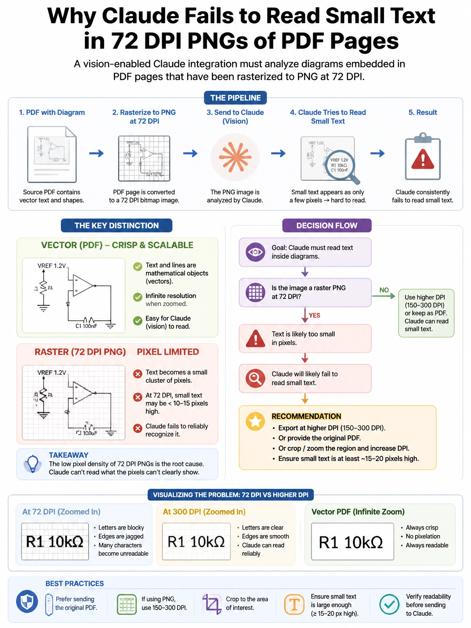 Portrait educational infographic teaching: A vision-enabled Claude integration must analyze diagrams embedded in PDF pages that have been rasterized to PNG at 72 DPI. During testing, Claude consistently fails to read small . Show labeled components, decision flow, and the key distinction that makes the correct answer correct. Clean modern diagram style.