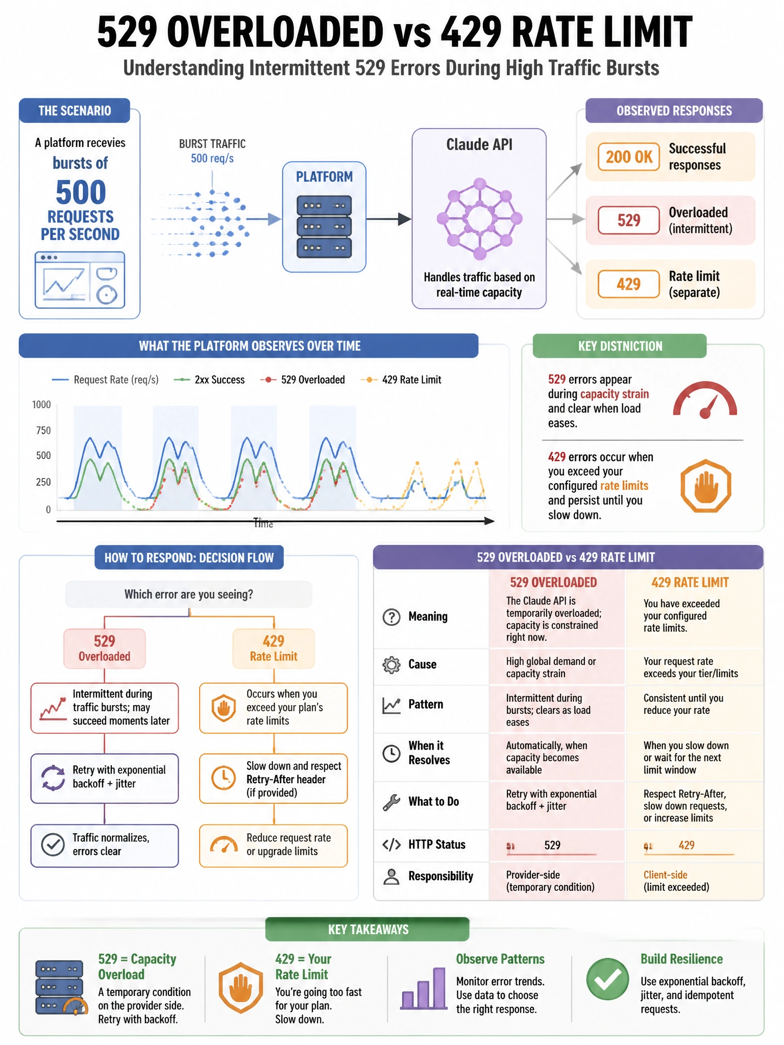 Portrait educational infographic teaching: A platform receives bursts of 500 requests per second to the Claude API and observes intermittent 529 (overloaded) and 529 errors that are distinct from 429 rate limit errors. The . Show labeled components, decision flow, and the key distinction that makes the correct answer correct. Clean modern diagram style.