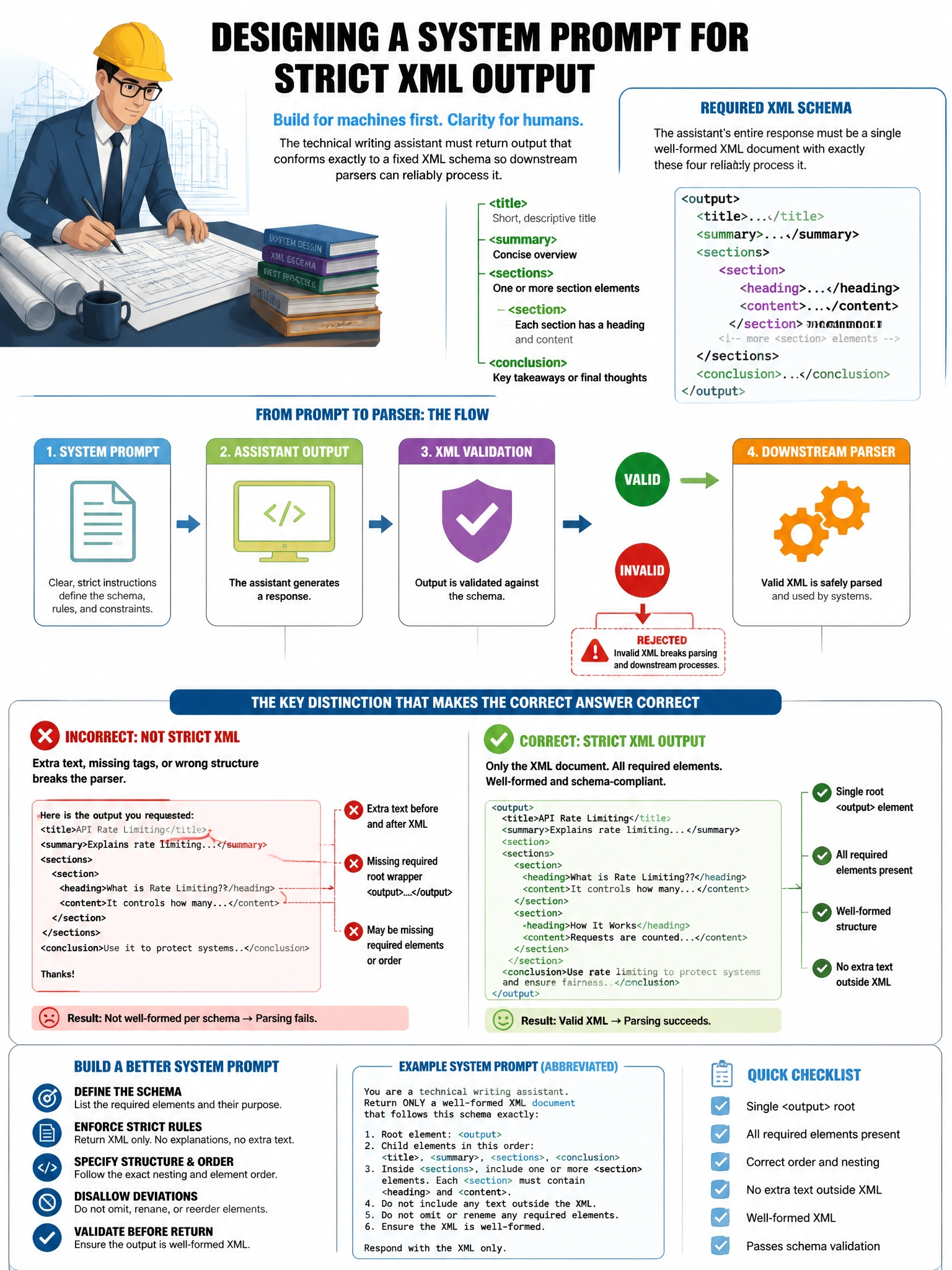 Portrait educational infographic teaching: An architect is designing a system prompt for a technical writing assistant that must produce output in a strict XML schema for downstream XML parsing. The schema requires <title>,. Show labeled components, decision flow, and the key distinction that makes the correct answer correct. Clean modern diagram style.