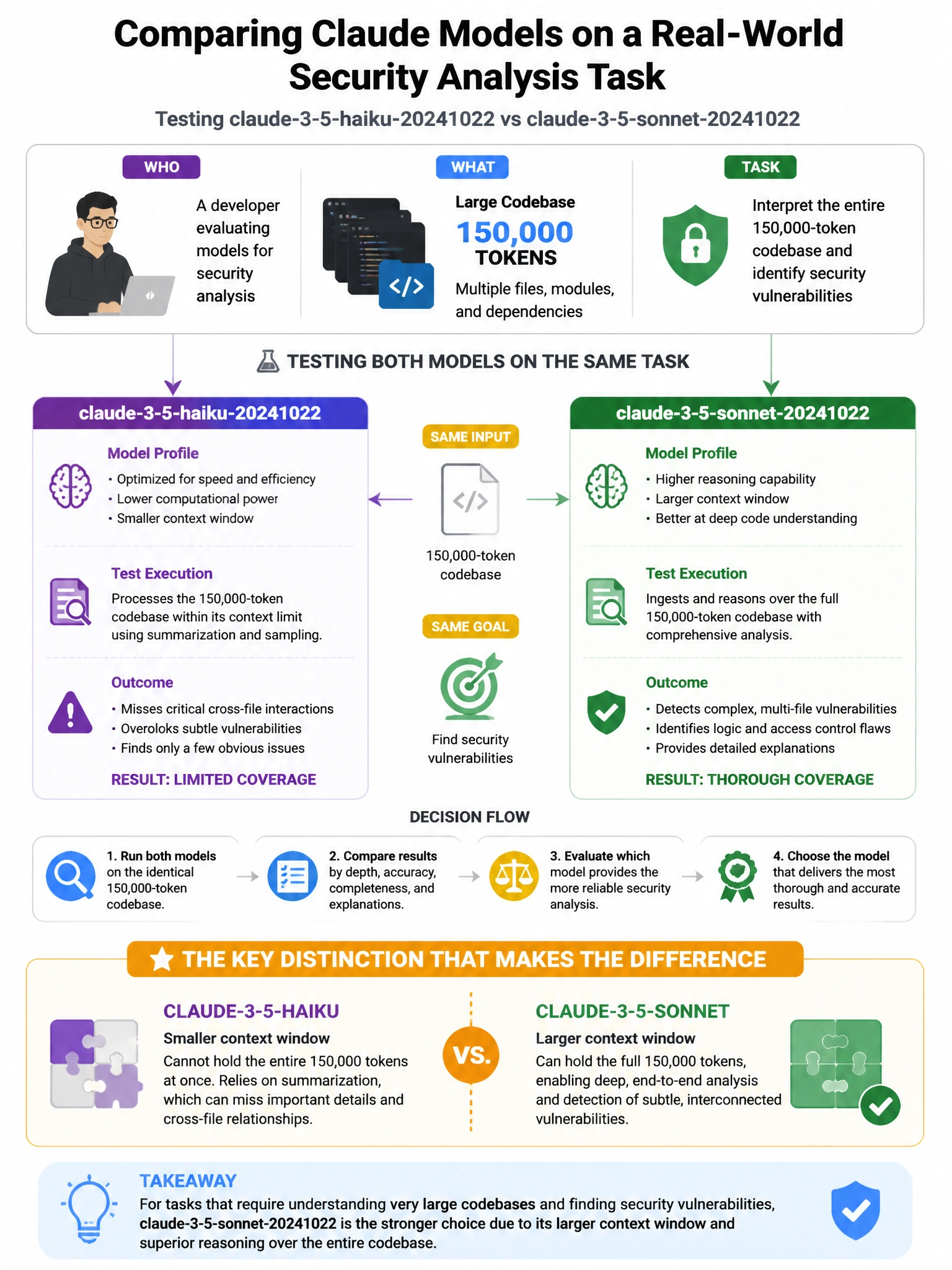 Portrait educational infographic teaching: A developer tests both claude-3-5-haiku-20241022 and claude-3-5-sonnet-20241022 on a task that requires interpreting a 150,000-token codebase and identifying security vulnerabiliti. Show labeled components, decision flow, and the key distinction that makes the correct answer correct. Clean modern diagram style.