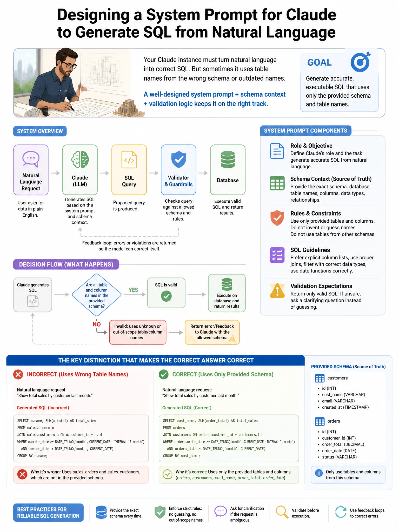 Portrait educational infographic teaching: An architect is designing a system prompt for a Claude instance that must generate SQL queries from natural language. The model occasionally generates queries using table names fro. Show labeled components, decision flow, and the key distinction that makes the correct answer correct. Clean modern diagram style.