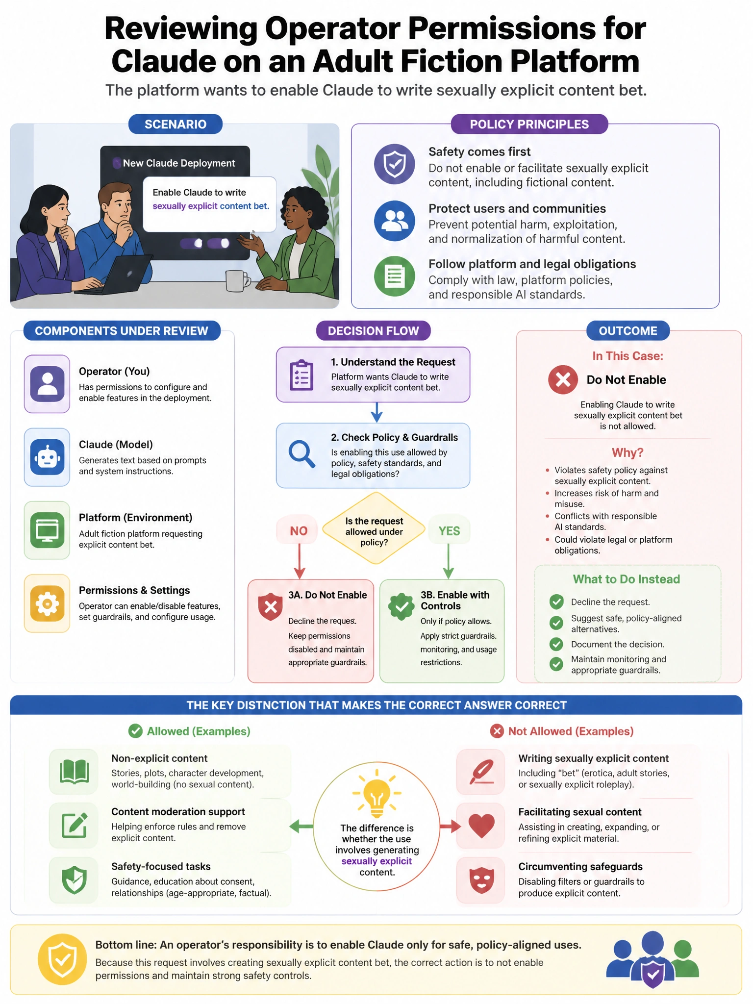 Portrait educational infographic teaching: A policy team is reviewing operator permissions for a new Claude deployment on an adult fiction platform. The platform wants to enable Claude to write sexually explicit content bet. Show labeled components, decision flow, and the key distinction that makes the correct answer correct. Clean modern diagram style.