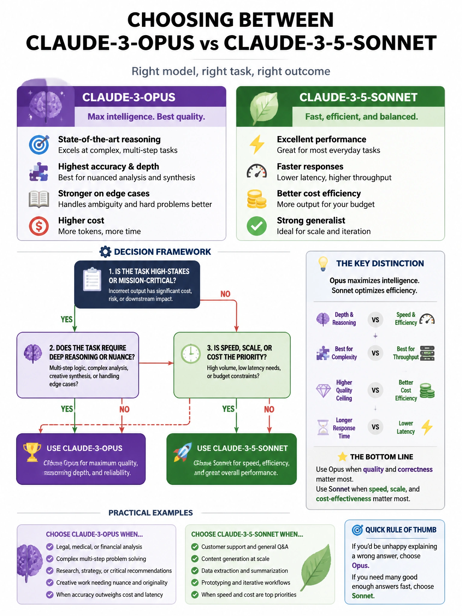 Portrait educational infographic teaching: An AI product team is debating when to use claude-3-opus versus claude-3-5-sonnet. A senior architect is asked to define the decision criteria. Which set of criteria correctly iden. Show labeled components, decision flow, and the key distinction that makes the correct answer correct. Clean modern diagram style.