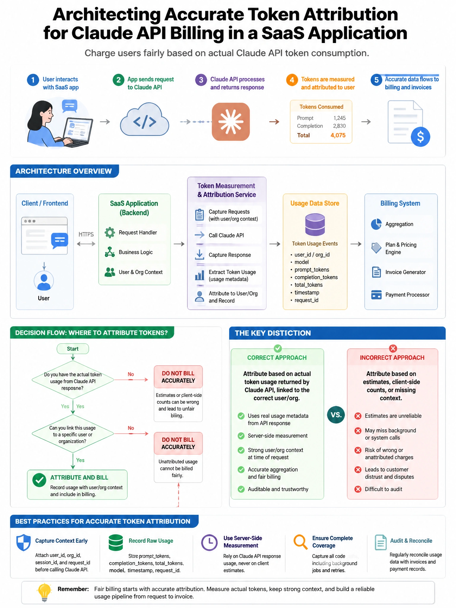 Portrait educational infographic teaching: A SaaS application charges users based on Claude API token consumption. The billing system must accurately attribute tokens to users before invoices are generated. An architect nee. Show labeled components, decision flow, and the key distinction that makes the correct answer correct. Clean modern diagram style.