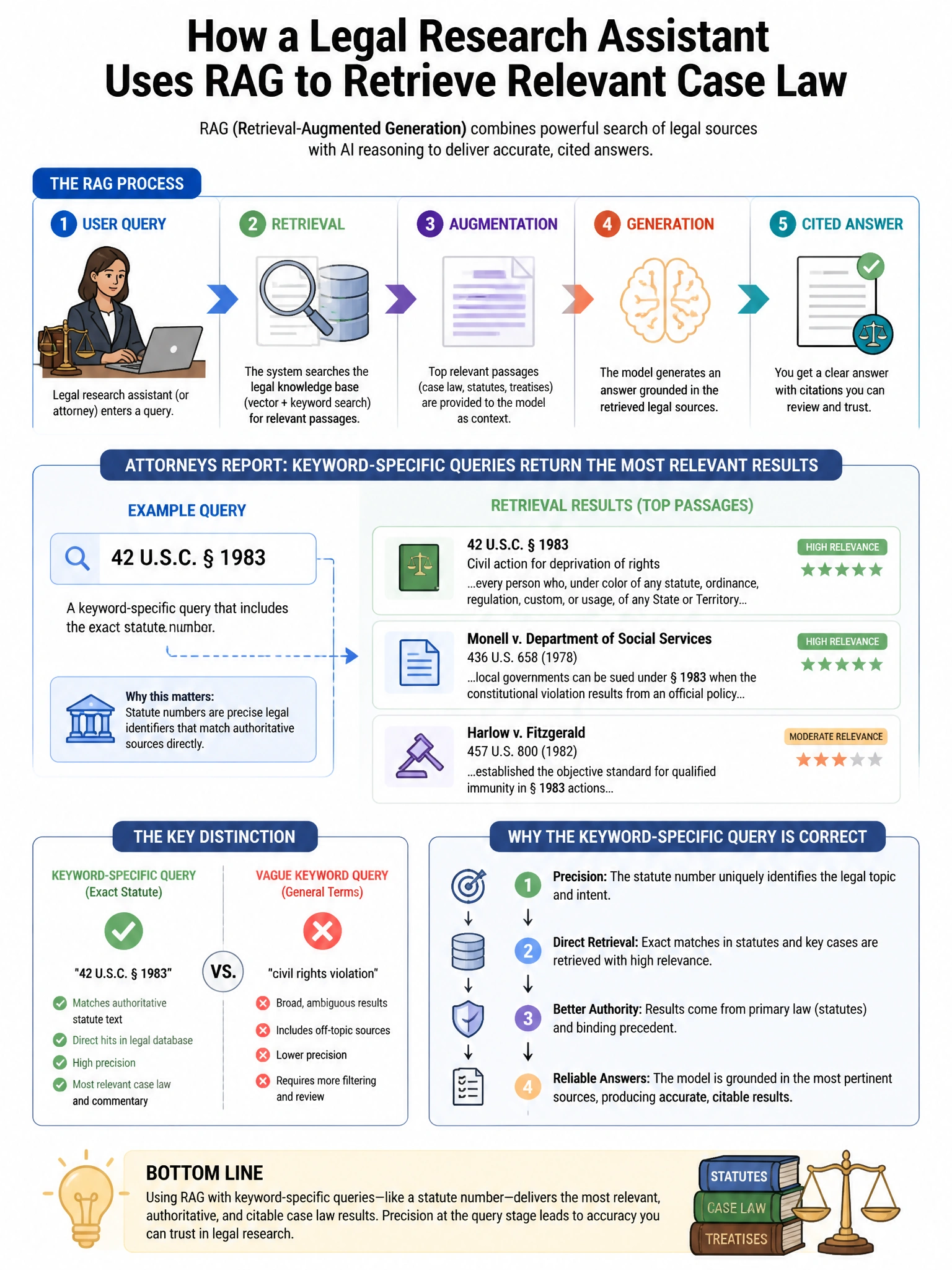 Portrait educational infographic teaching: A legal research assistant uses RAG to retrieve relevant case law. Attorneys report that keyword-specific queries (searching for a specific statute number, '42 U.S.C. § 1983') retu. Show labeled components, decision flow, and the key distinction that makes the correct answer correct. Clean modern diagram style.